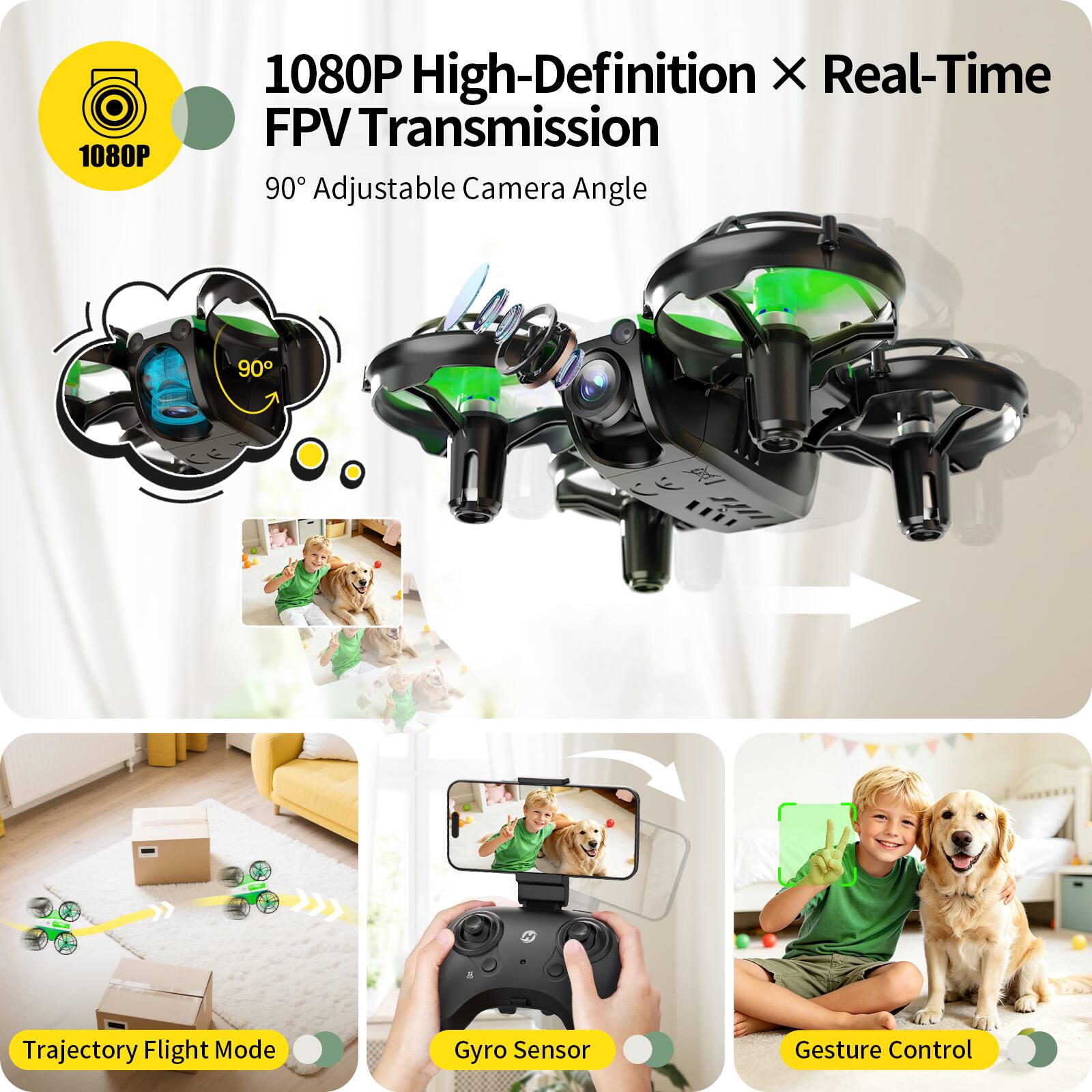 1080P High-Definition X Real-Time FPV Transmission  
90° Adjustable Camera Angle  
Trajectory Flight Mode  
Gyro Sensor  
Gesture Control