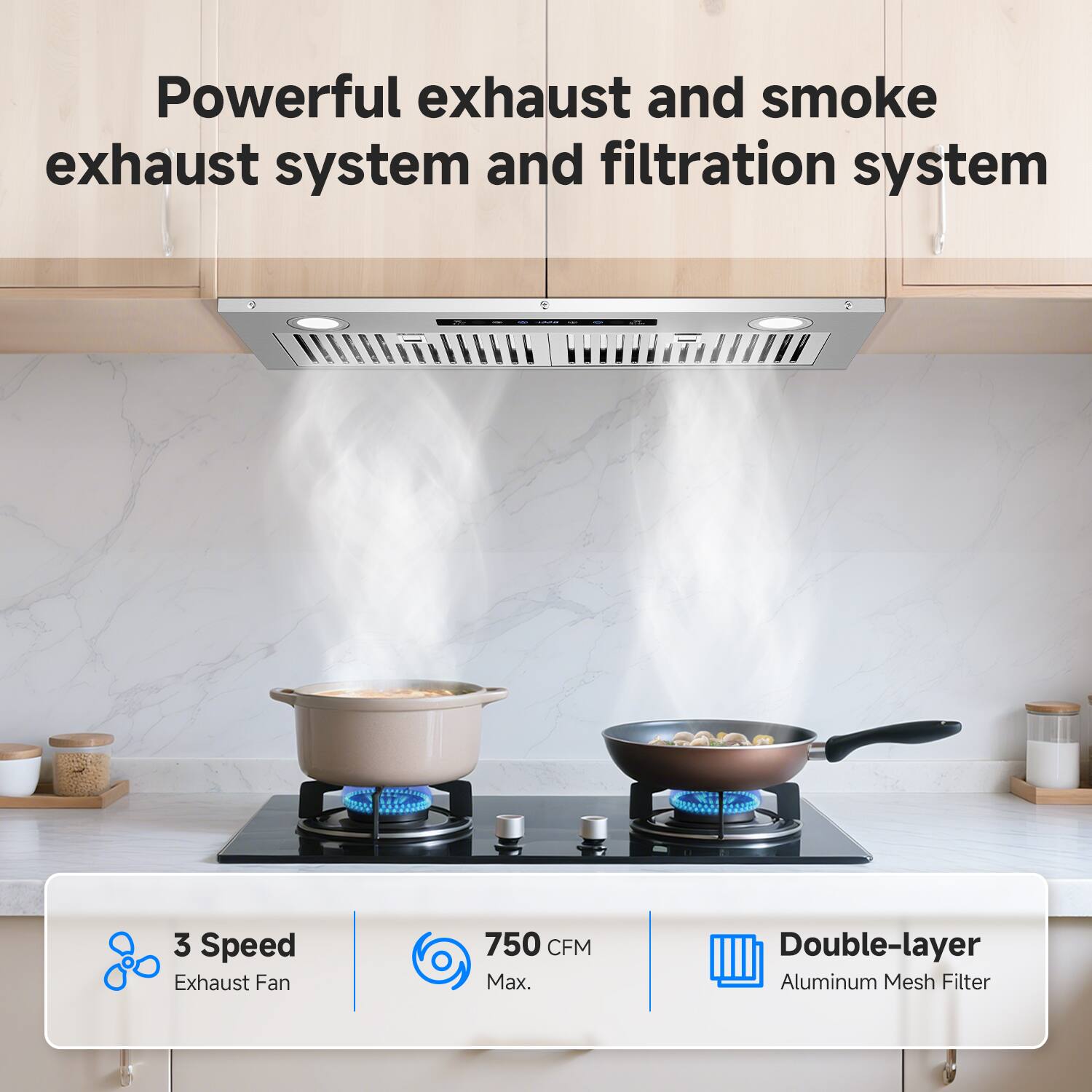 Powerful exhaust and smoke exhaust system and filtration system

3 Speed Exhaust Fan  
750 CFM Max.  
Double-layer Aluminum Mesh Filter