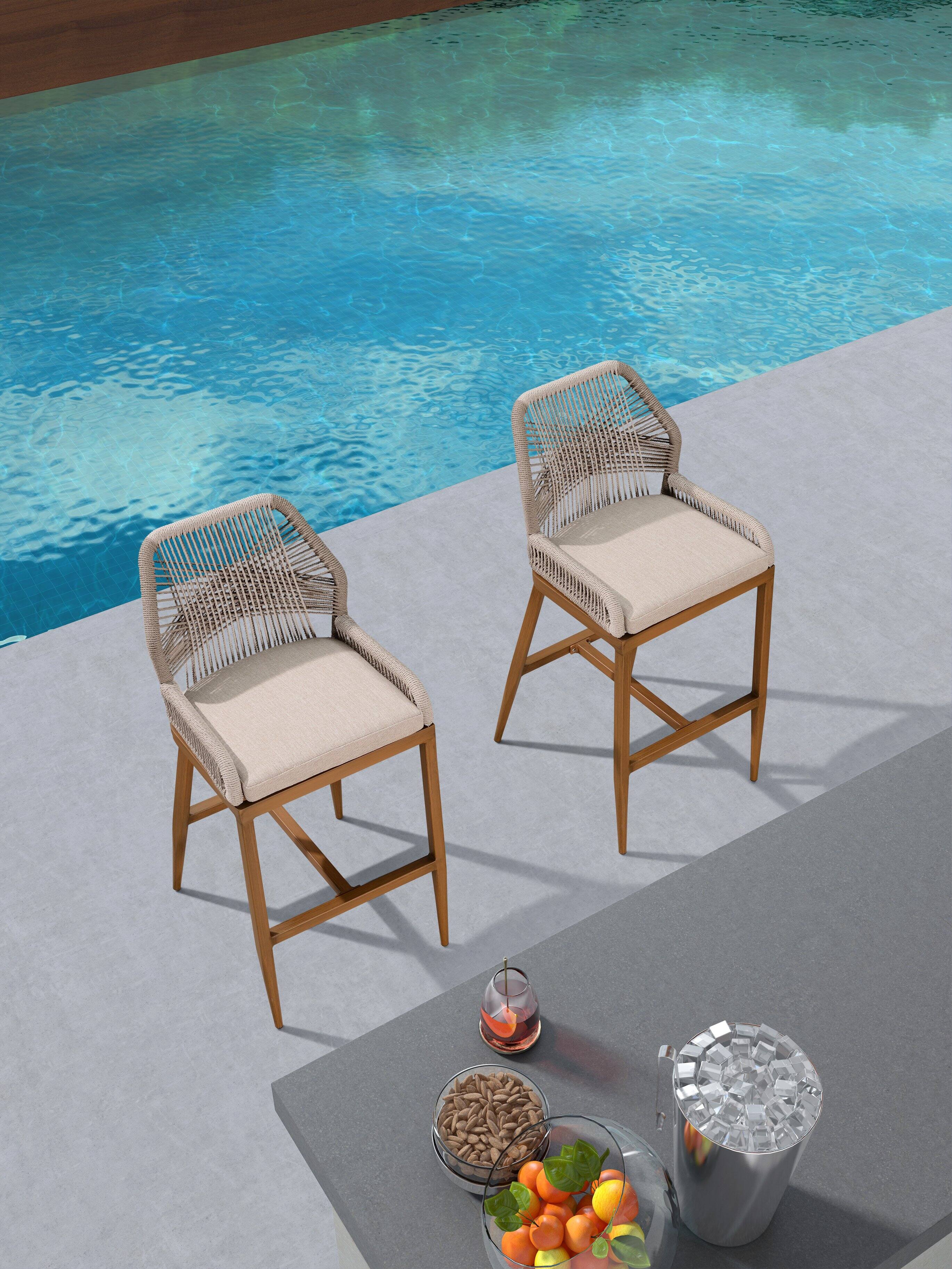 Alt View 2. PURPLE LEAF - Outdoor Bar/Counter Height Stool Set of 2 Wicker Rattan Bar stools with Back Aluminum Outside Garden Patio Bar Chairs - Twill-Teak-Counter Height.