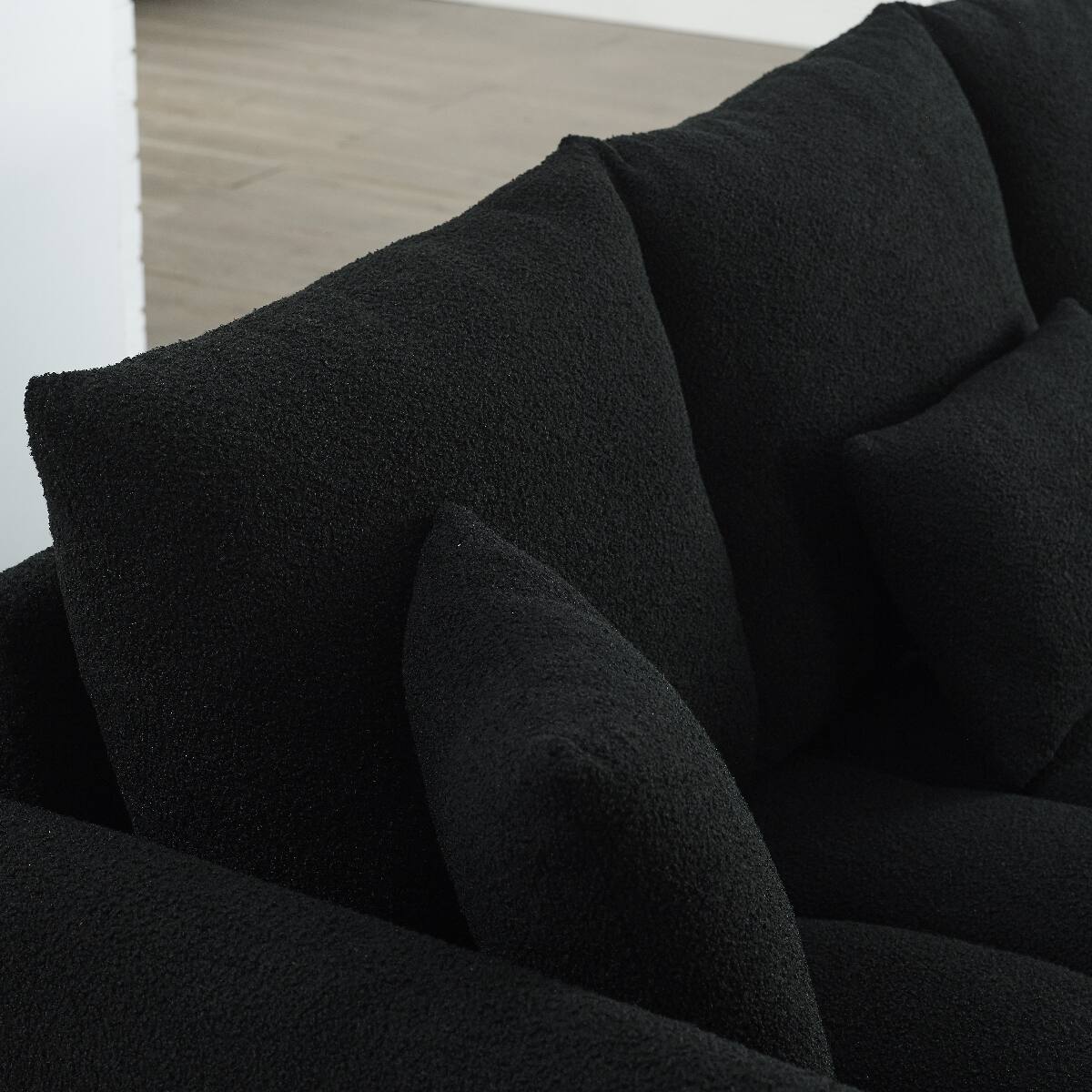 Alt View 2. Ropilly - Ropilly Black Upholstered Sofa, 3 Seater Teddy Fabric Sofa with Pillows and Solid Wood Frame - Black.