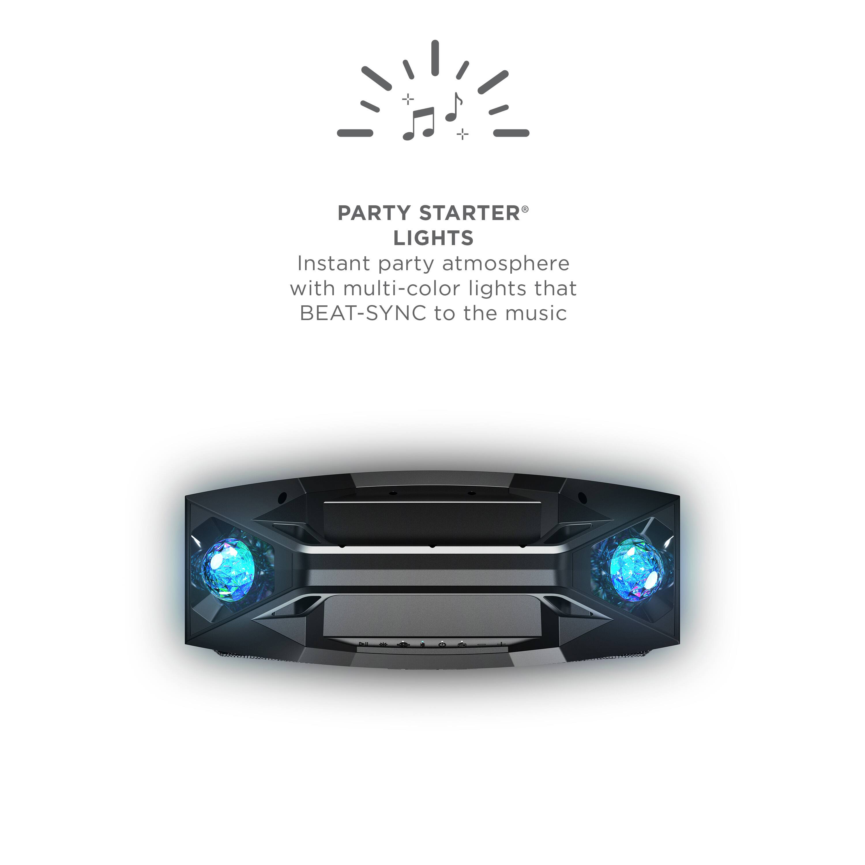 The text on the image reads: "Party Starter Lights Instant party atmosphere with multi-color lights that BEAT-SYNC to the music."