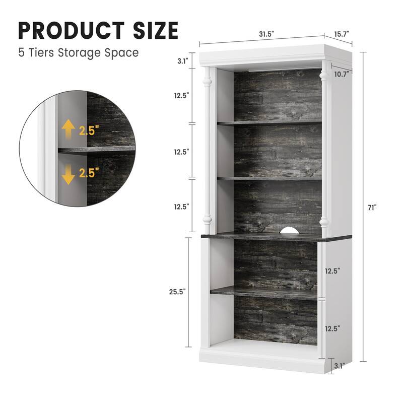 PRODUCT SIZE  
5 Tiers Storage Space  

- Width: 31.5"  
- Depth: 15.7"  
- Height: 71"  
- Shelf Depth: 12.5"  
- Shelf Height: 10.7"  
- Shelf Spacing: 2.5"  
- Shelf Thickness: 3.1"  
- Overall Depth: 25.5"