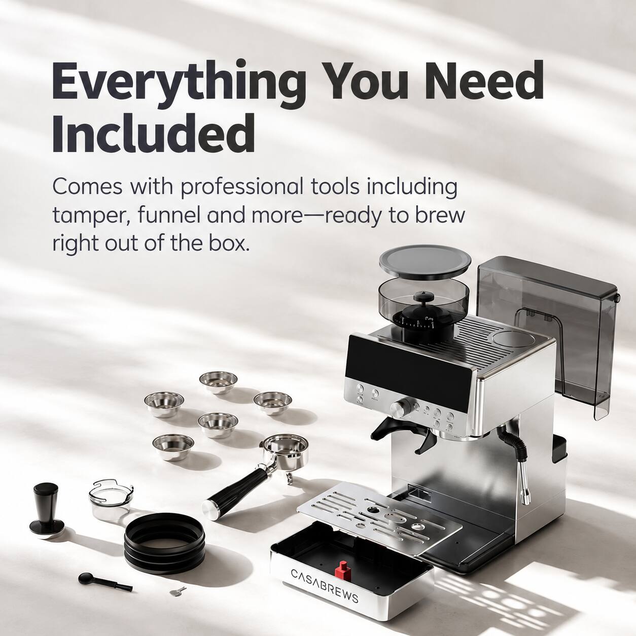 Everything You Need Included  
Comes with professional tools including tamper, funnel and more—ready to brew right out of the box.  
CASABREWS