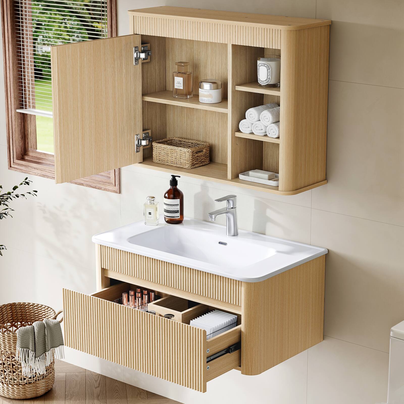 Angle. ModernMate - 30" Single Wall-Mounted Bathroom Vanity Set with Mirror Cabinet, Soft-Close Doors, Solid Wood Legs - Natural Oak.