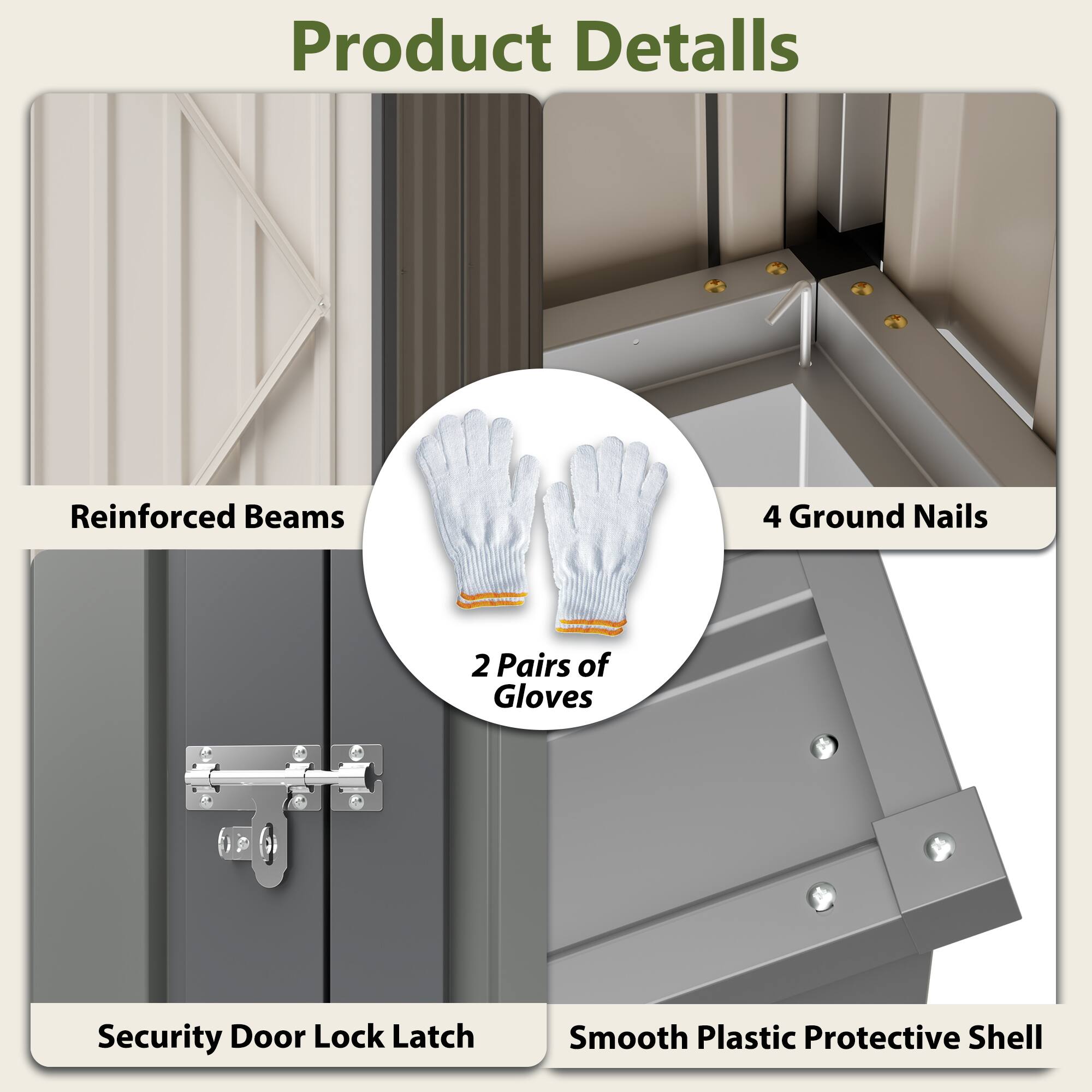 Left. TinyHomie - 4 x 7FT Lean-To Shed in Olive grey Heavy-Duty Steel Outdoor Storage for Garden Tools and Bicycles All-Weather Protection.