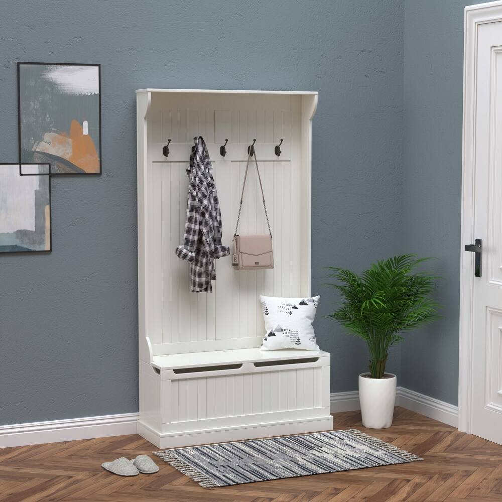Angle. Loheer - Loheer 38 inch entryway hall tree with Storage Bench, Four Double Hooks and Shoe Organizer, Cream White - Cream White.