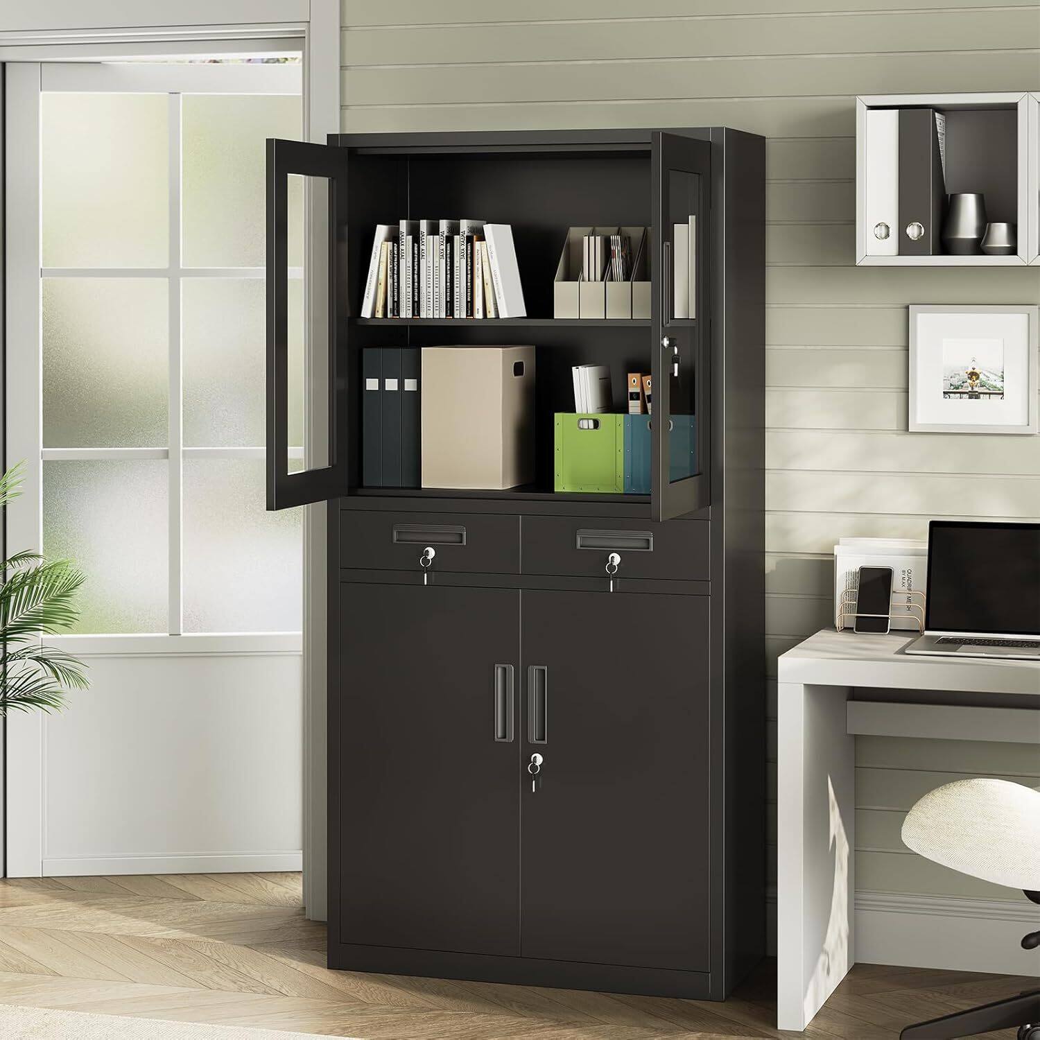 Front. Acekool - 71" Black Metal Storage Cabinet with Glass Doors for Workshop, Office - Black.