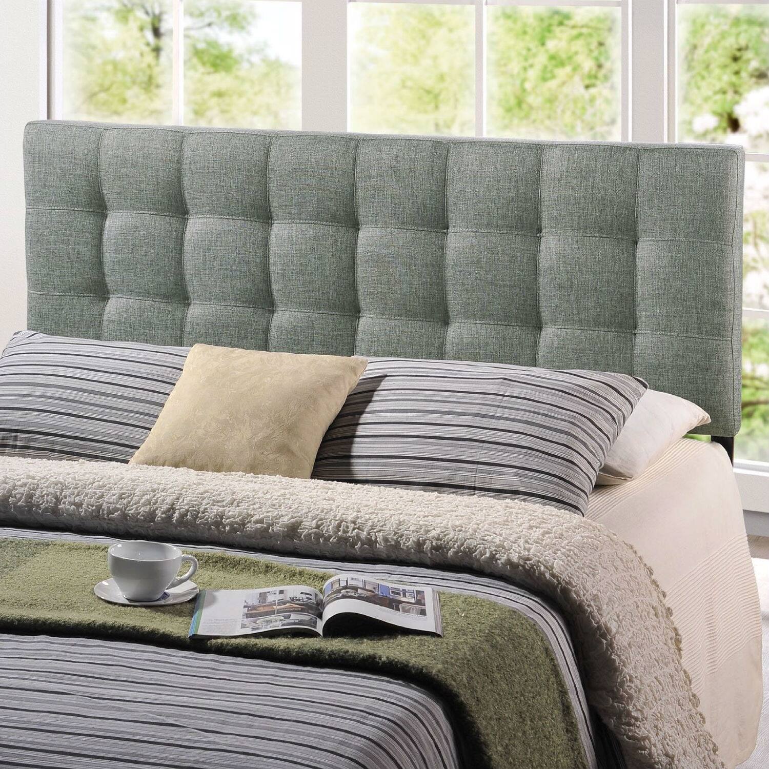 Angle. SlickBlue - King Size Fabric Upholstered Headboard with Modern Button Tufted Design - Grey.