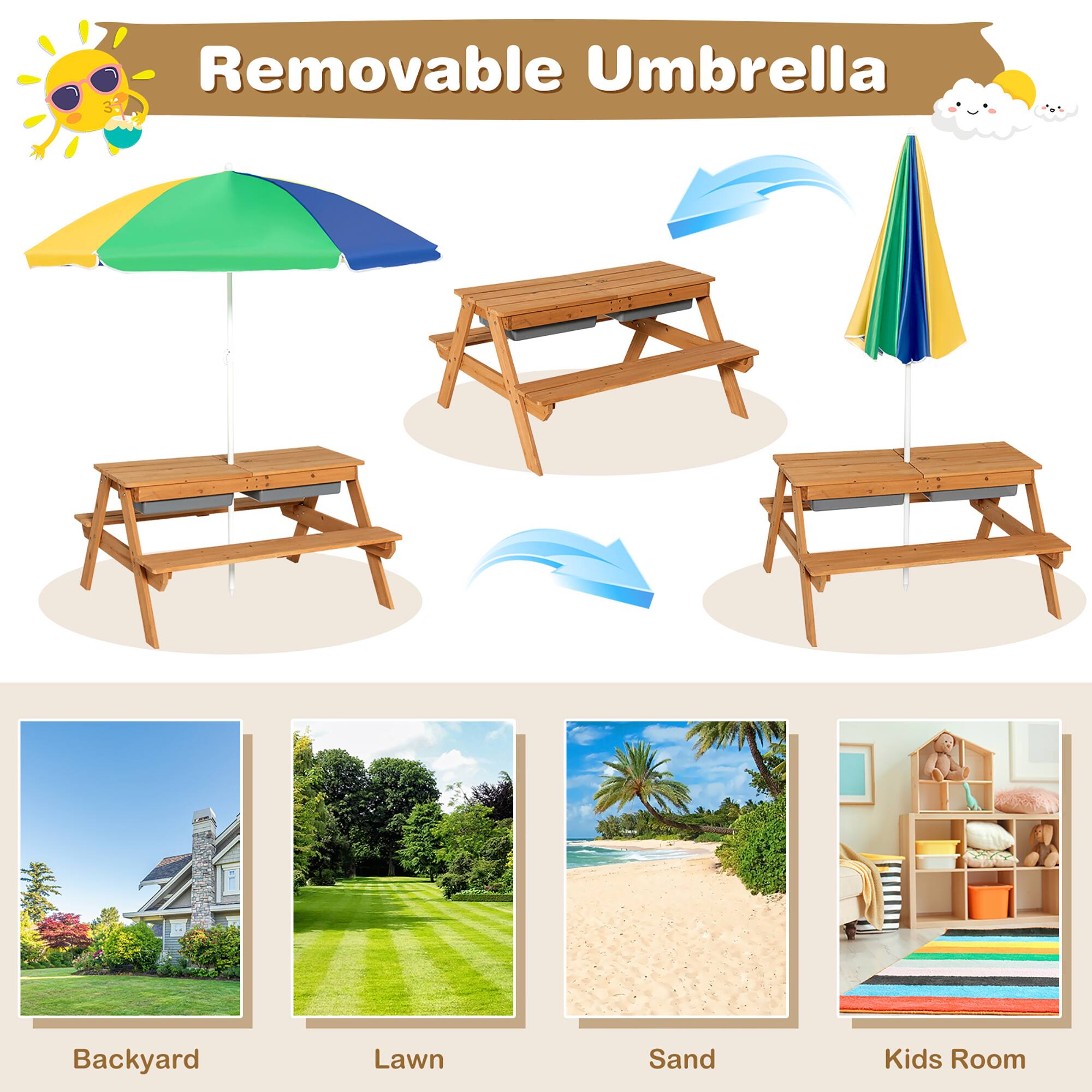 Removable Umbrella

- Backyard
- Lawn
- Sand
- Kids Room