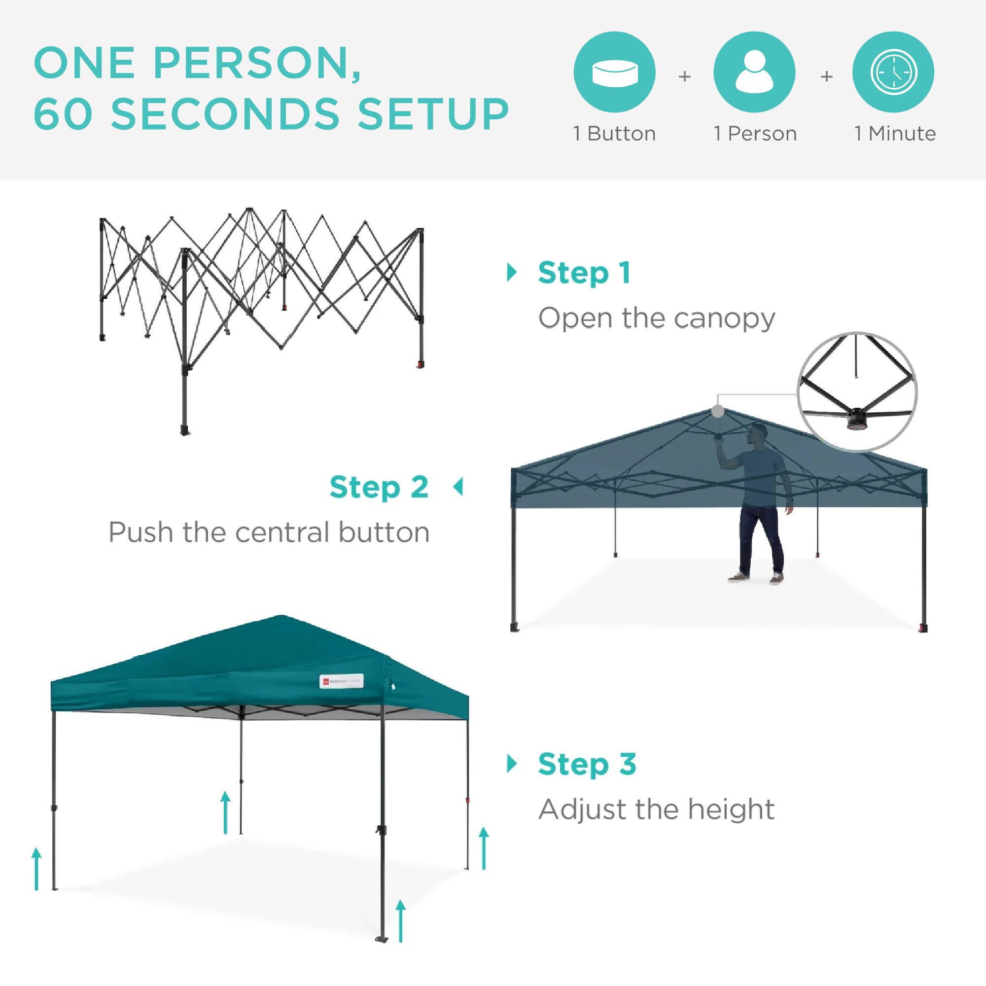 ONE PERSON, 60 SECONDS SETUP

1 Button + 1 Person + 1 Minute

Step 1
Open the canopy

Step 2
Push the central button

Step 3
Adjust the height