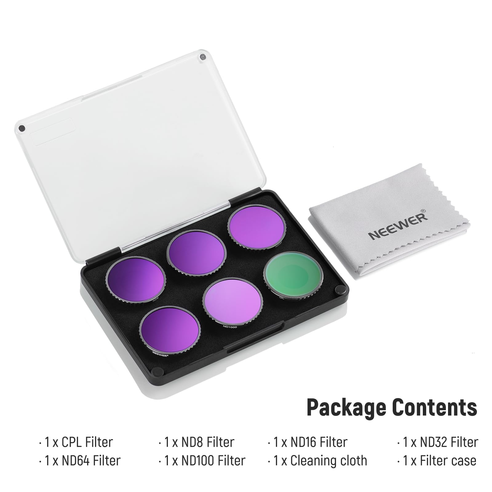 NEEWER 1x 1 X CPL Filter 1x 1 X ND64 Filter 1x 1 X ND8 Filter 1x 1 X ND100 Filter 1x 1 X ND16 Filter 1x 1 X ND32 Filter 1x 1 X Cleaning cloth 1x 1 X Filter case