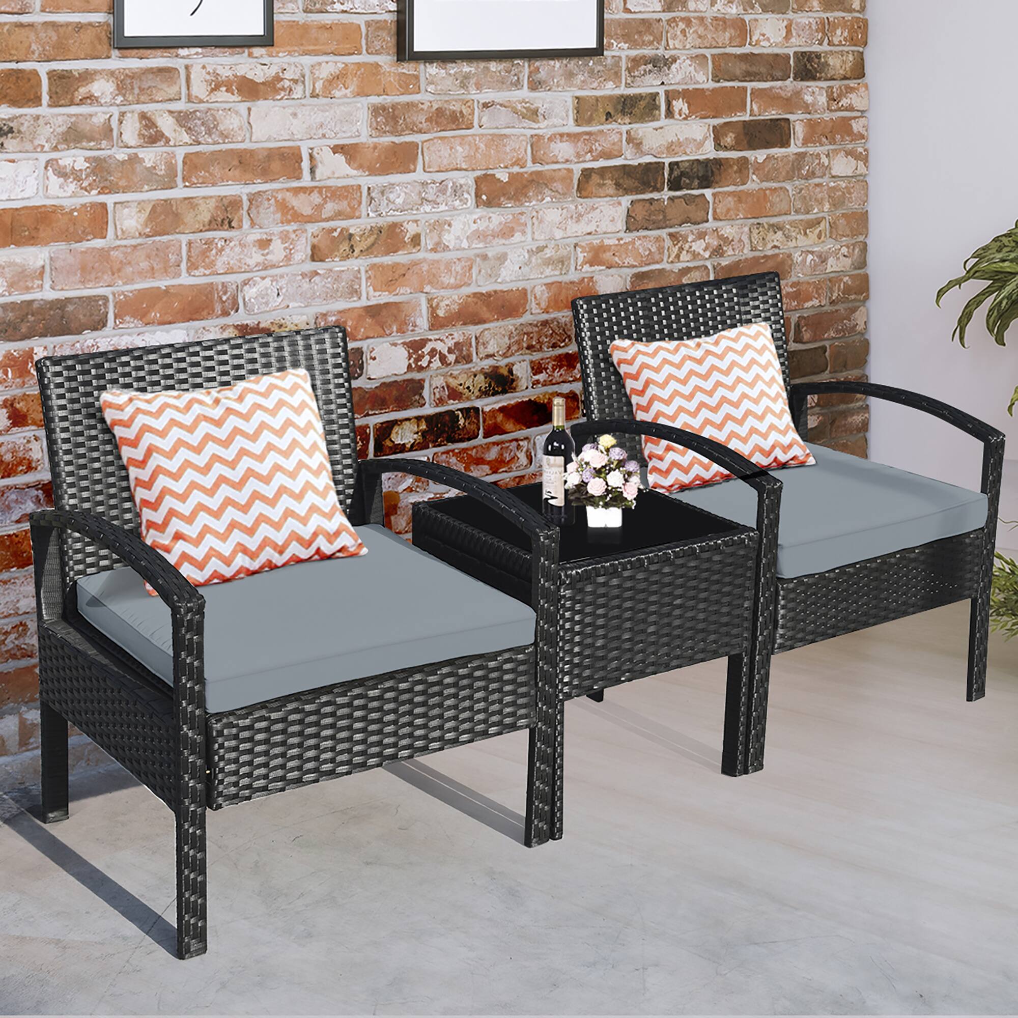 Alt View 4. Costway - Costway 3PCS Patio Rattan Furniture Set Coffee Table Conversation Sofa Cushioned - Black.