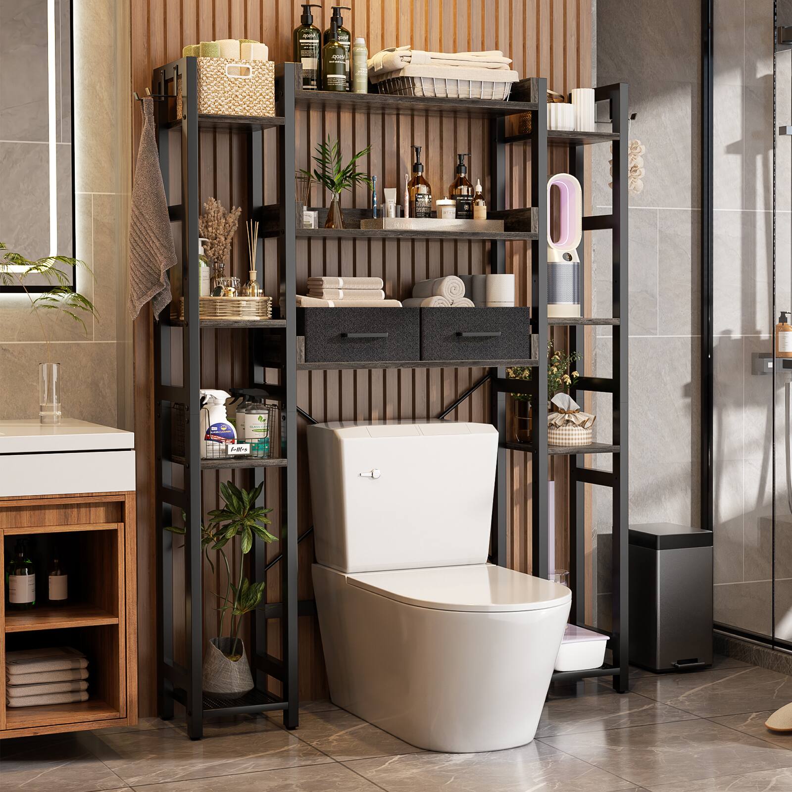 Aheaplus - 11-Tier Over The Toilet Storage Rack, Bathroom Organizer Rack with 2 Drawers and Adjustable Shelves, Space Saving - Gray Oak