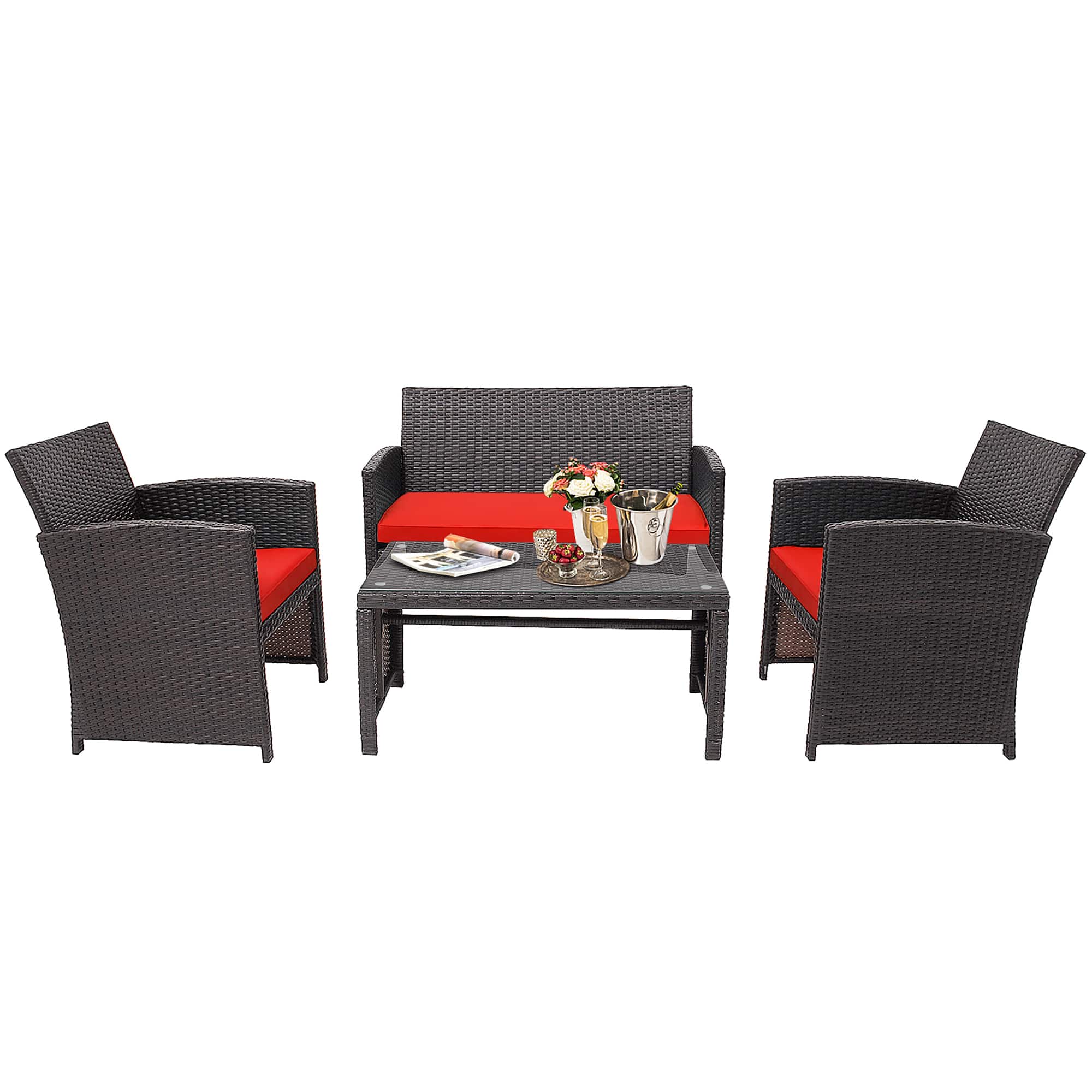 Front. Costway - Costway 4PCS Patio Rattan Furniture Set Cushioned Chair Sofa Coffee Table - Red.