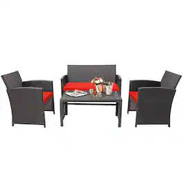 Costway - 4PCS Patio Rattan Furniture Set Cushioned Chair Sofa Coffee Table - Red