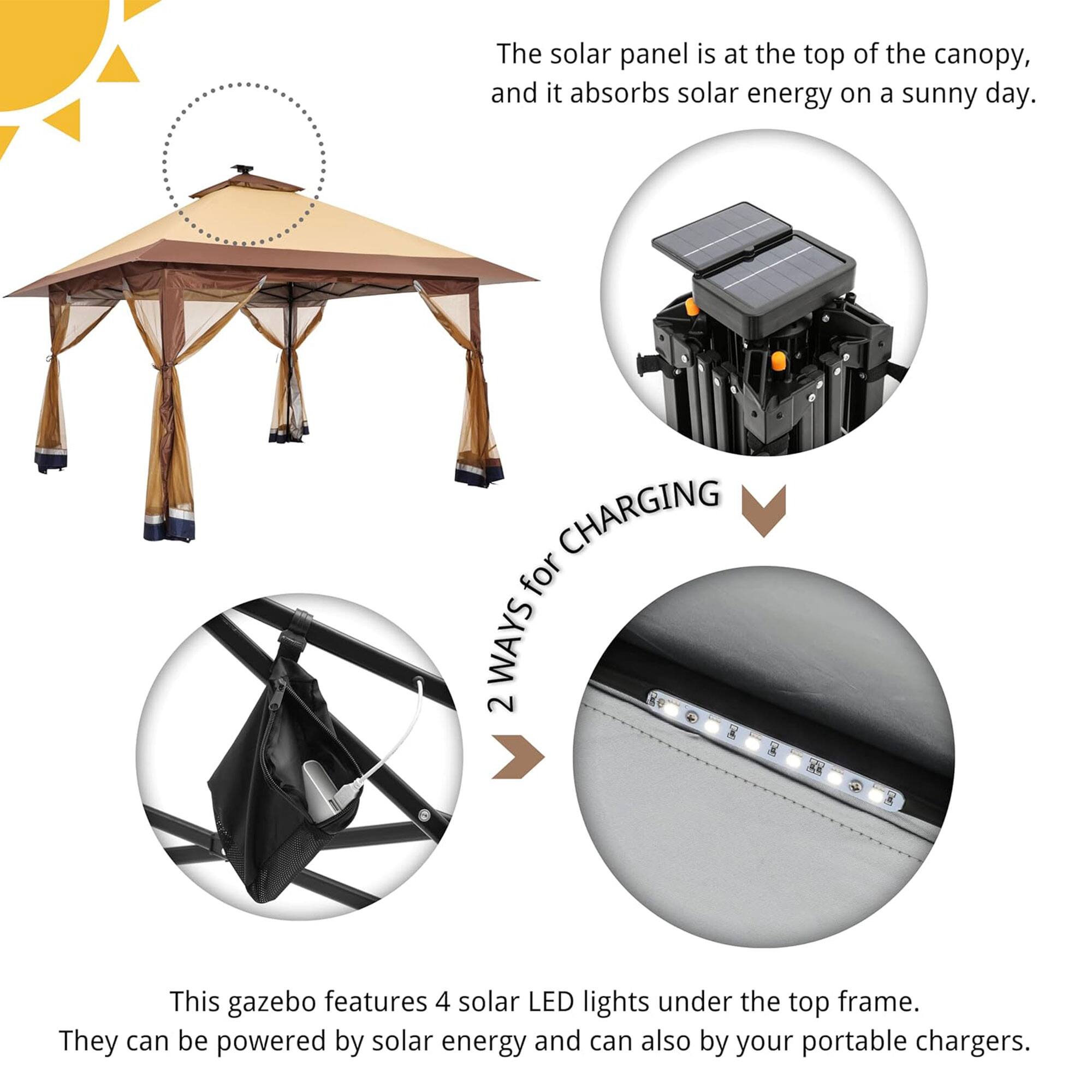 The solar panel is at the top of the canopy, and it absorbs solar energy on a sunny day.

This gazebo features 4 solar LED lights under the top frame. They can be powered by solar energy and can also by your portable chargers.

2 WAYS FOR CHARGING