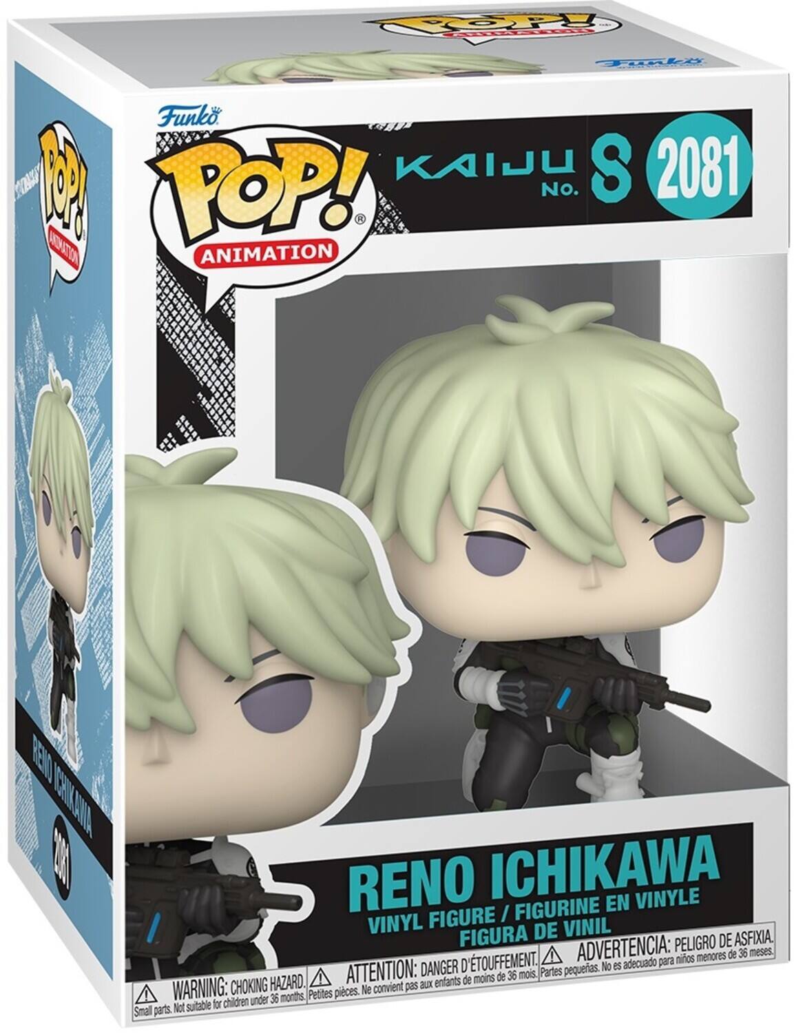 Sure, here is the corrected and grouped text from the image:

---

**Funko POP! Animation**

**KAIJU No. S 2081**

**RENO ICHIKAWA**

**VINYL FIGURE / FIGURINE EN VINYLE / FIGURA DE VINIL**

**WARNING: CHOKING HAZARD. Small parts. Not suitable for children under 36 months.**

**ATTENTION: DANGER D'ÉTOUFFEMENT. Petites pièces. Ne convient pas aux enfants de moins de 36 mois.**

**ADVERTENCIA: PELIGRO DE ASFIXIA. Partes pequeñas. No es adecuado para niños menores de 36 meses.**

---

This text is organized to reflect the information on the packaging accurately.