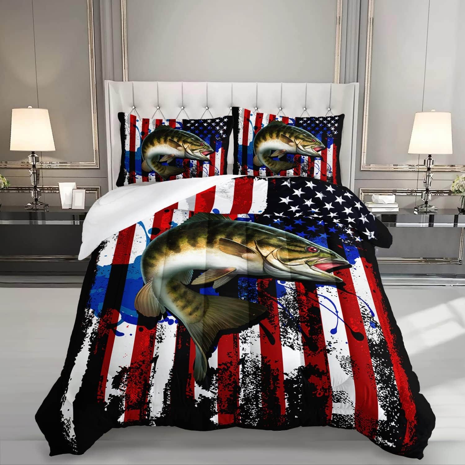 Wikistore - Big Pike Fishing Comforter Set Full Size Bass Fish American Flag Pattern Bedding 3 Piece - As Picture
