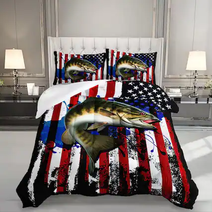 Front. Wikistore - WIKISTORE Big Pike Fishing Comforter Set Full Size Bass Fish American Flag Pattern Bedding 3 Piece - As Picture.