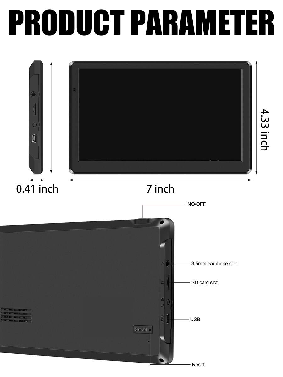 PRODUCT PARAMETER

- 4.33 inch
- 0.41 inch
- 7 inch

NO/OFF

- 3.5mm earphone slot
- SD card slot
- USB
- Reset