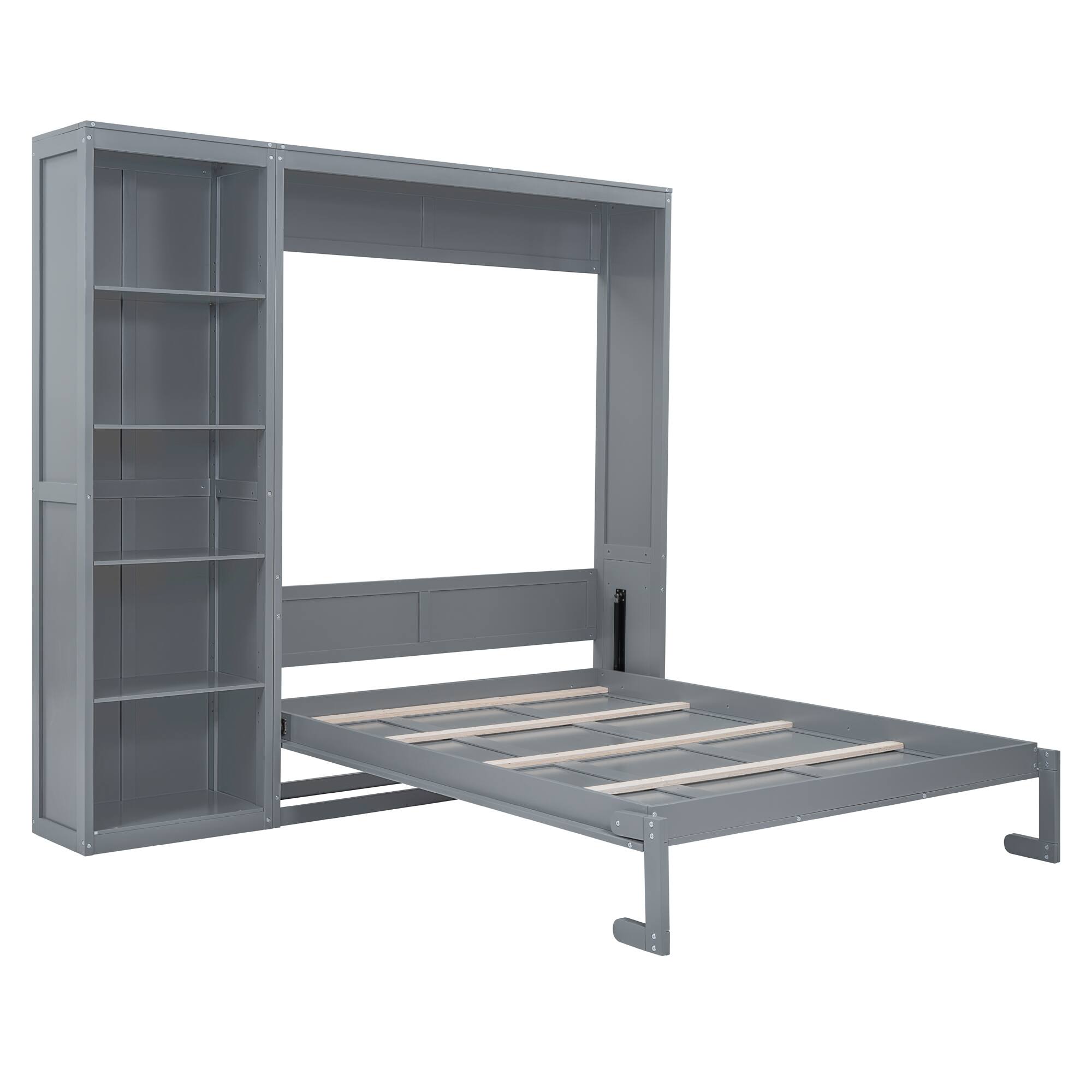 Alt View 2. Tiramisubest - Queen Size Gray Murphy Wall Bed with Shelves, Solid Wood + MDF, Space-Saving - Gray.