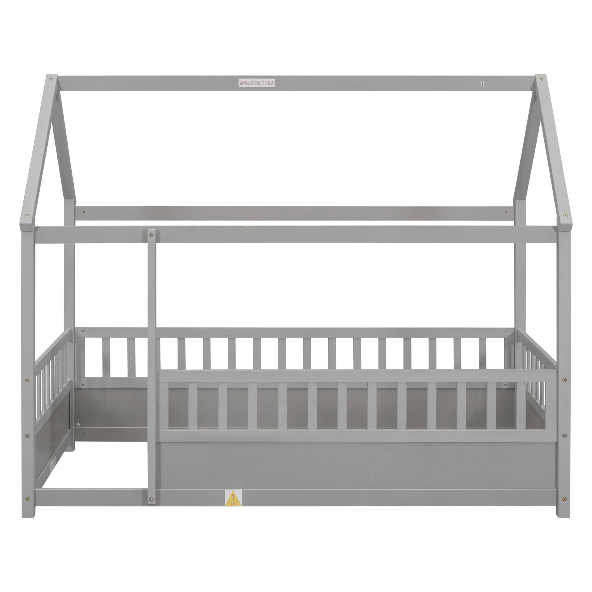 Alt View 4. GOODSILO - Twin Size Floor Bed with Playhouse Roof Design and Safety Guardrails for Children's Bedroom - Grey.