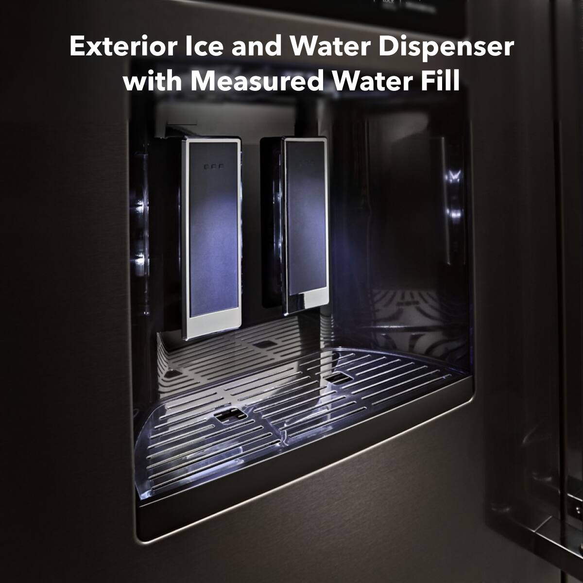 Exterior Ice and Water Dispenser with Measured Water Fill