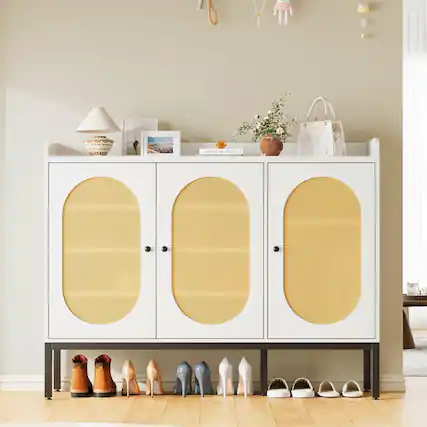 Front. Babevy - Rattan Shoe Cabinet with 3 Doors & Adjustable Shelves, 8-Tier Large Shoe Storage for Entryway or Living Room - White.
