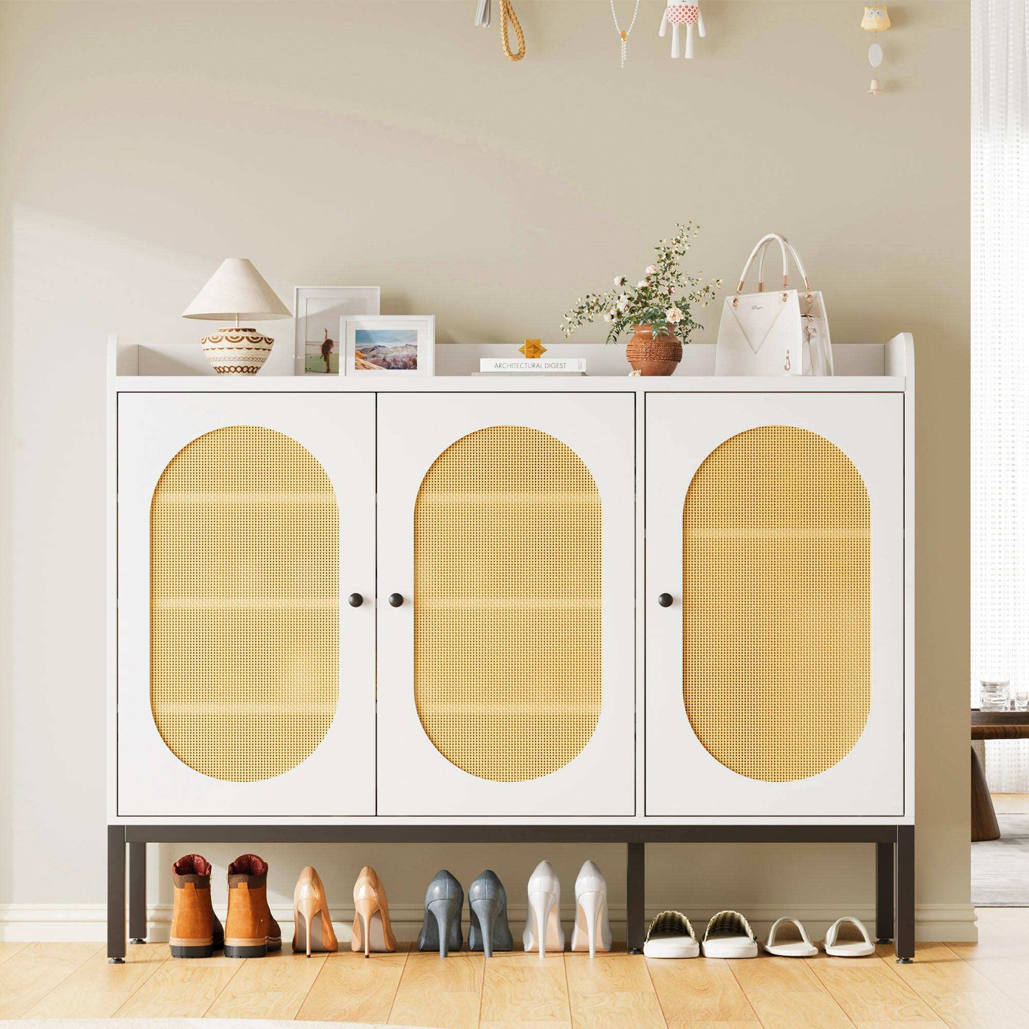 Front. Babevy - Rattan Shoe Cabinet with 3 Doors & Adjustable Shelves, 8-Tier Large Shoe Storage for Entryway or Living Room - White.