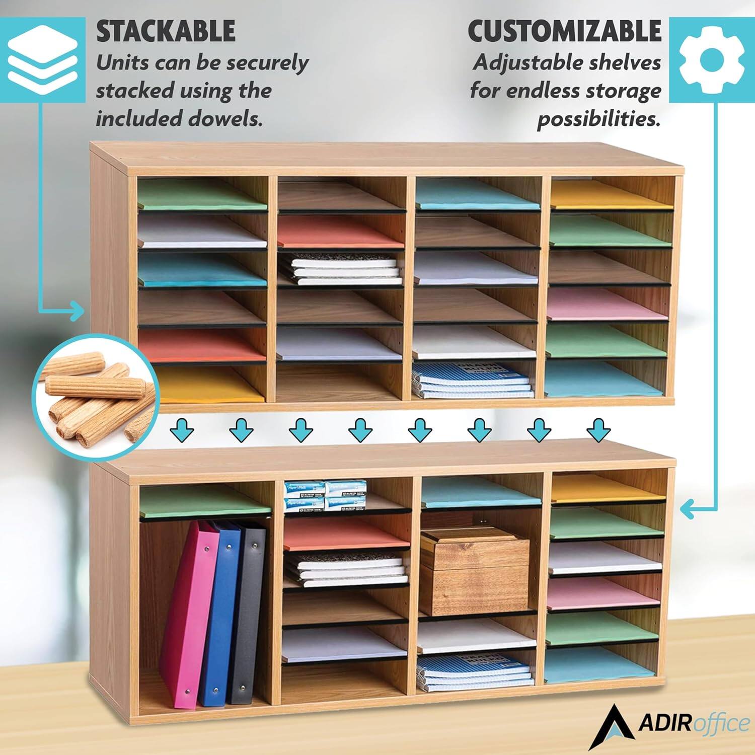 STACKABLE Units can be securely stacked using the included dowels.

CUSTOMIZABLE Adjustable shelves for endless storage possibilities.

ADIR ADIRoffice