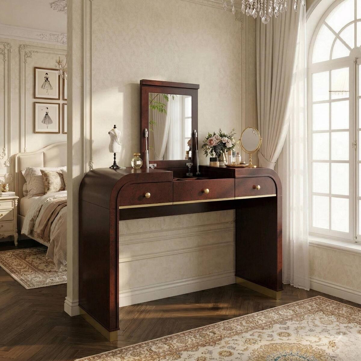 Loheer - Flip Top Vanity Desk, Vanity Table with Mirror and Hidden Storage - Espresso