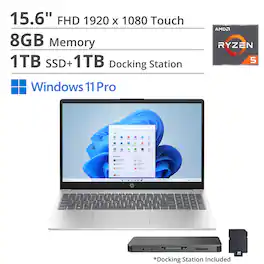 HP - 15.6" FHD Touch Laptop,AMD Ryzen 5 7520U,Intel UHD Graphics,8GB RAM,1TB SSD+1TB Docking Station,Win 11 Pro - Silver