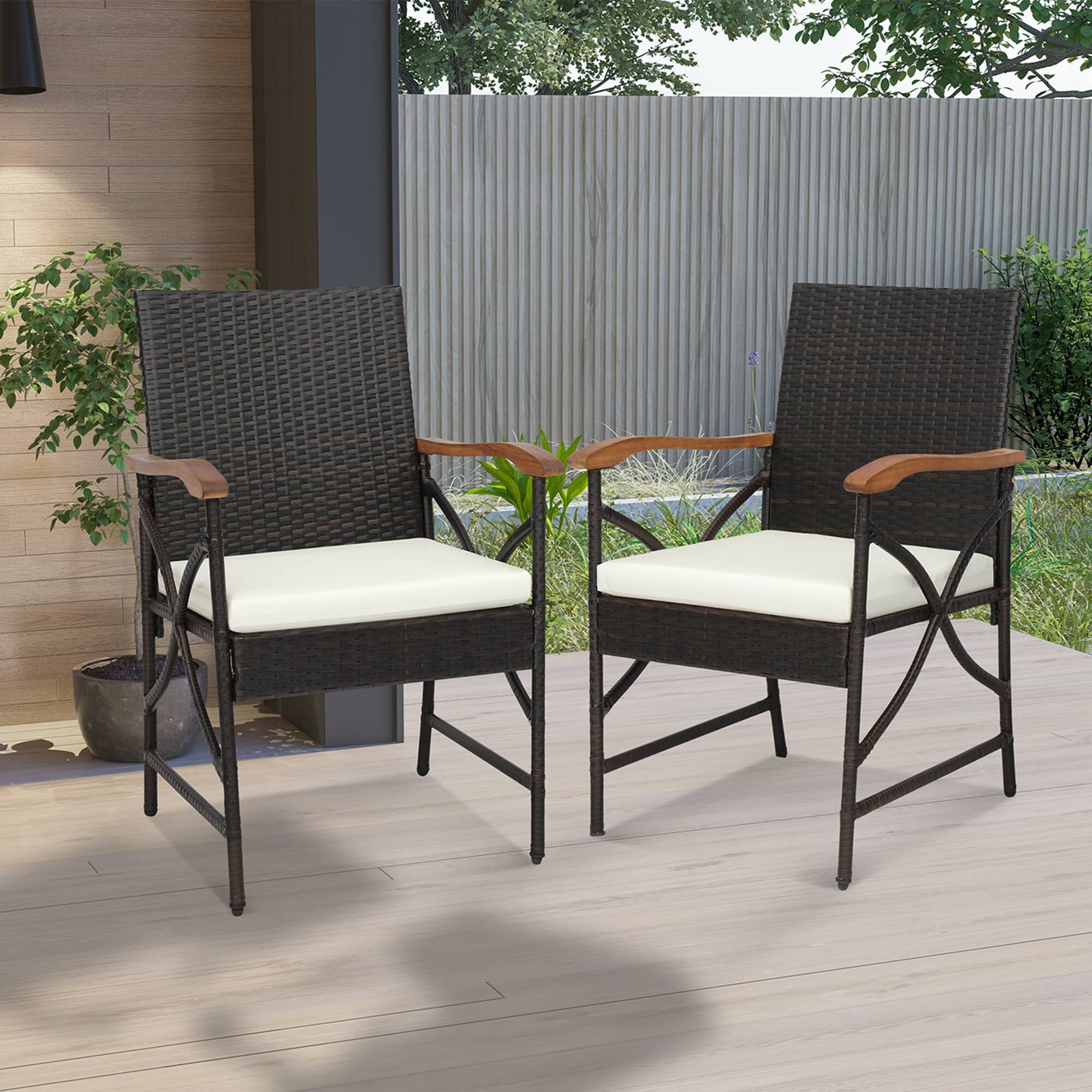 Alt View 5. Costway - Costway 5PCS Patio Wicker Dining Set Cushion Armchairs Acacia Wood Table with Umbrella Hole - Natural/Black/Mix Brown.