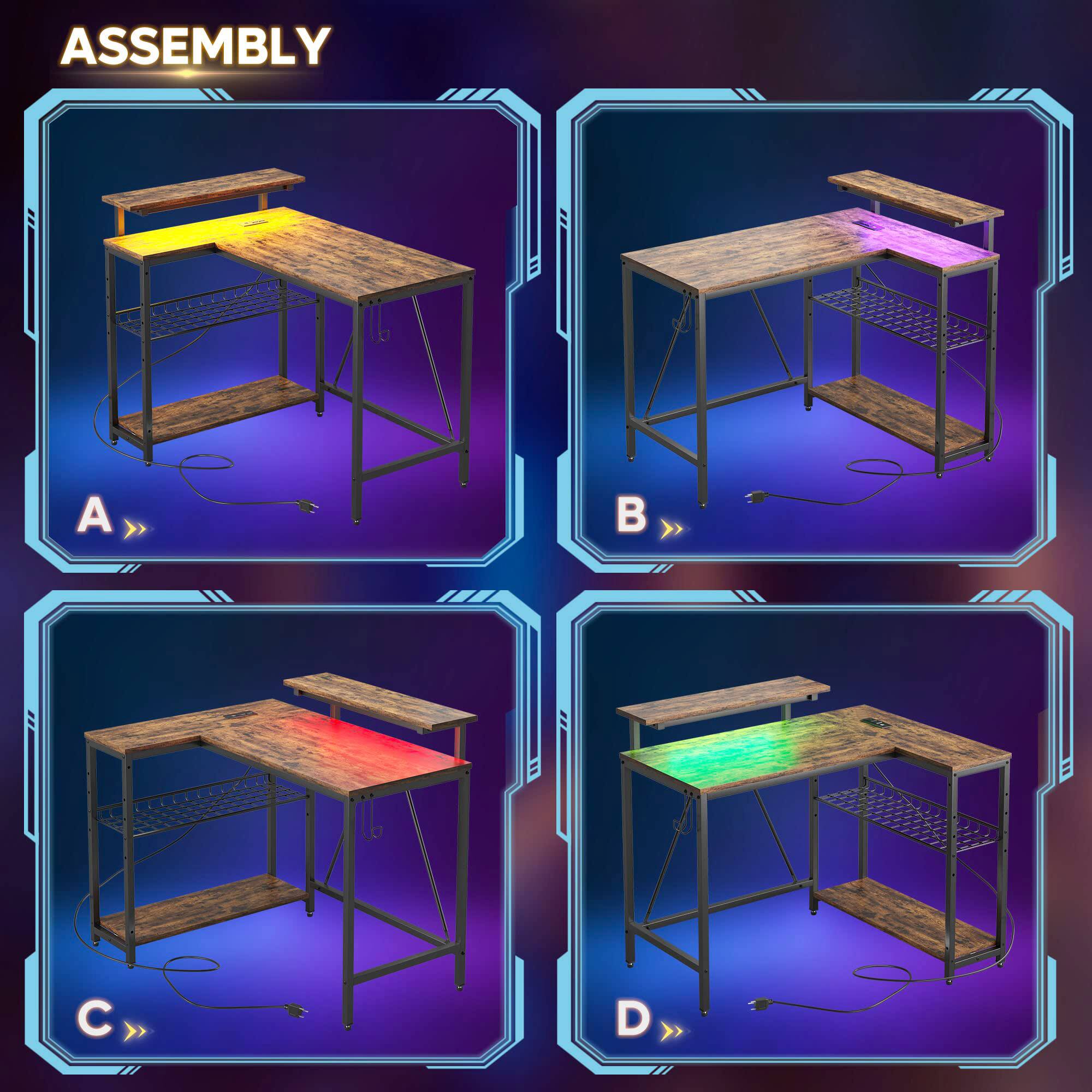 Back. Bestier - L-Shaped Gaming Desk with Power Outlets LED Lights and Reversible Storage Shelves & Hooks - 42" Wide - Brown.