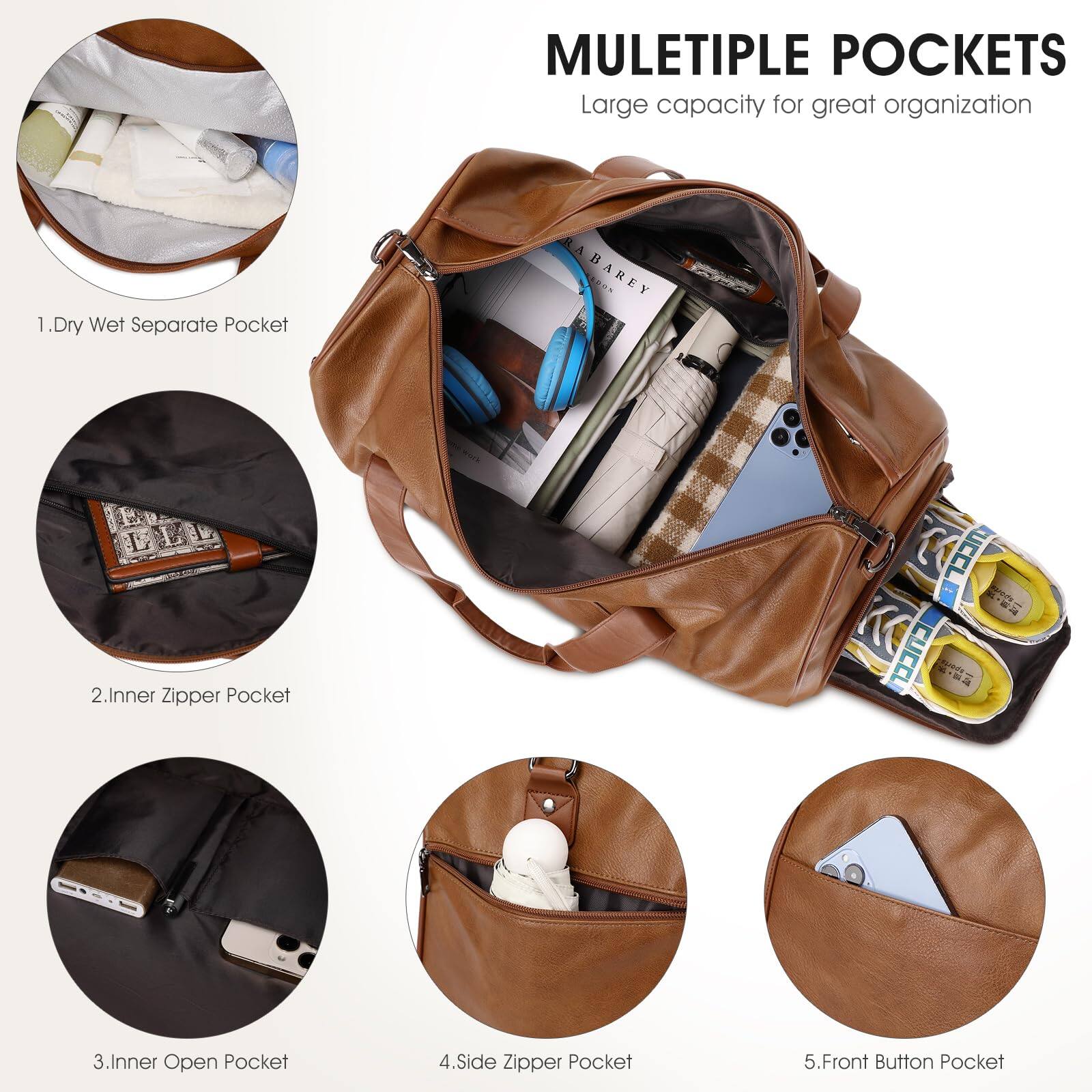MULETIPLE POCKETS  
Large capacity for great organization

1. Dry Wet Separate Pocket  
2. Inner Zipper Pocket  
3. Inner Open Pocket  
4. Side Zipper Pocket  
5. Front Button Pocket