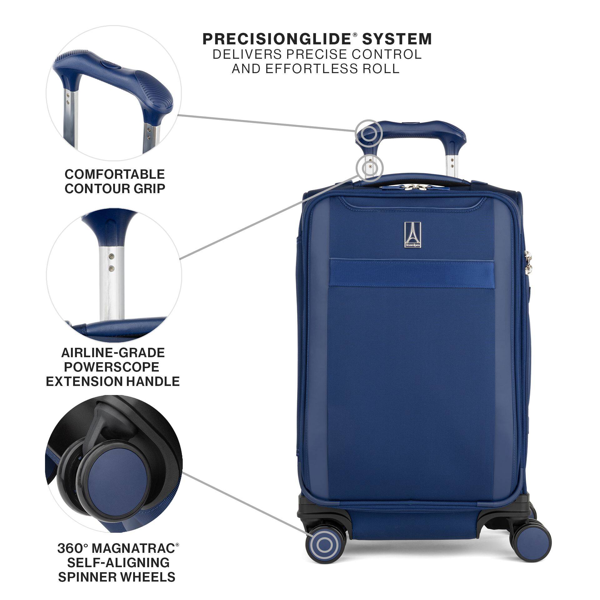 PRECISIONGLIDE® SYSTEM DELIVERS PRECISE CONTROL AND EFFORTLESS ROLL

COMFORTABLE CONTOUR GRIP

AIRLINE-GRADE POWERSCOPE EXTENSION HANDLE

360° MAGNATRAC® SELF-ALIGNING SPINNER WHEELS