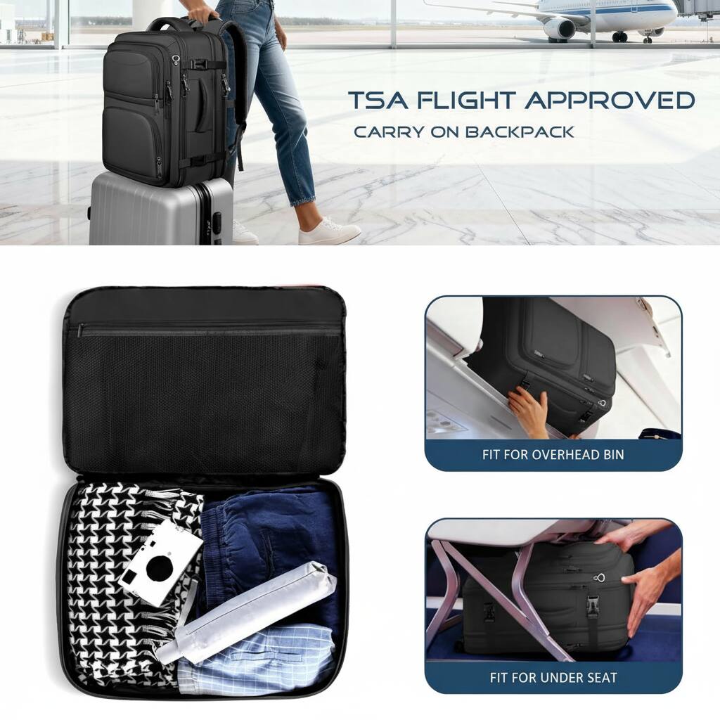 TSA FLIGHT APPROVED  
CARRY ON BACKPACK  

FIT FOR OVERHEAD BIN  

FIT FOR UNDER SEAT