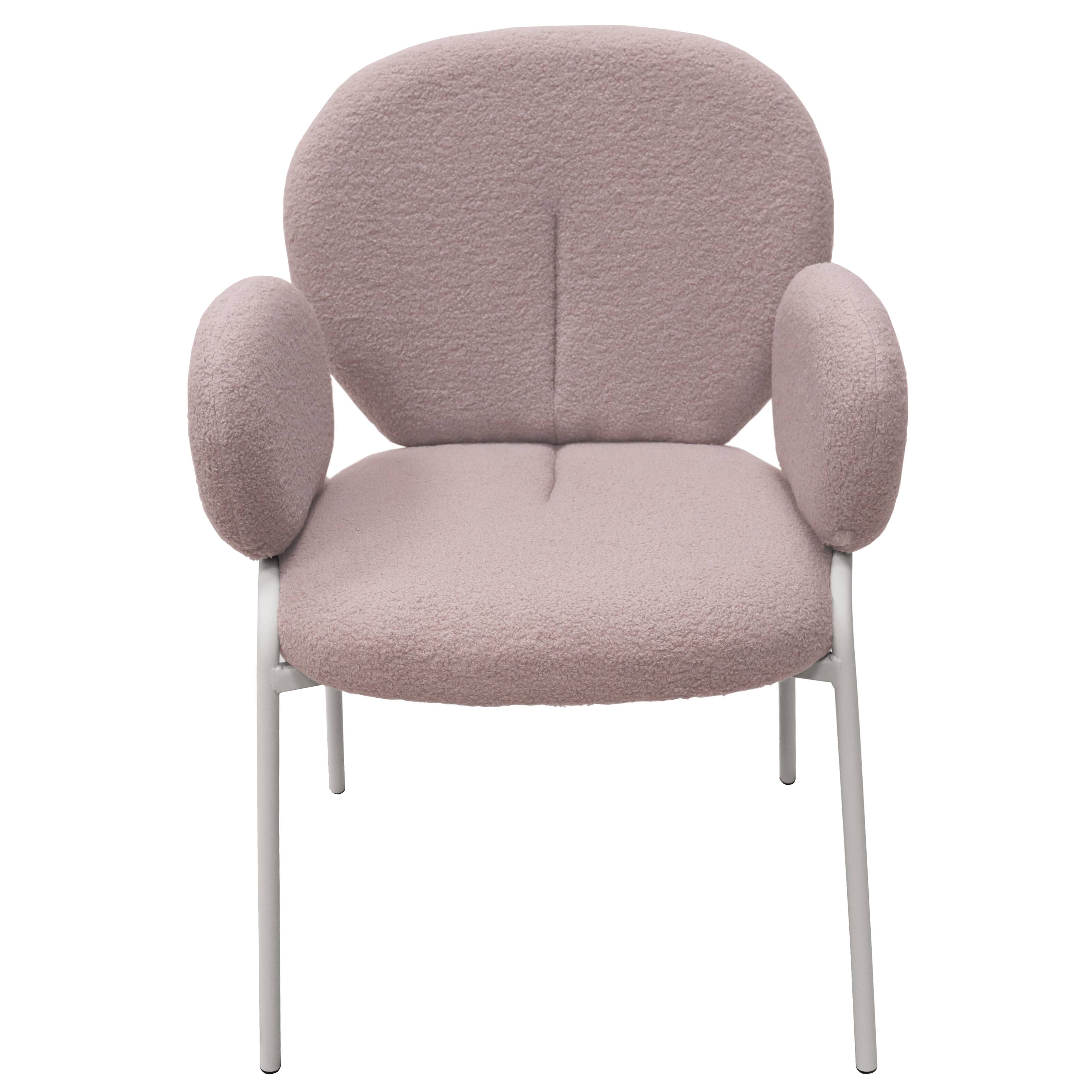 Angle. LeisureMod - Celestial 2-PCS White Frame Boucle Armchair, Modern Cushioned Fabric Desk Vanity Dining Chair with Arms, Metal Legs - Grey.
