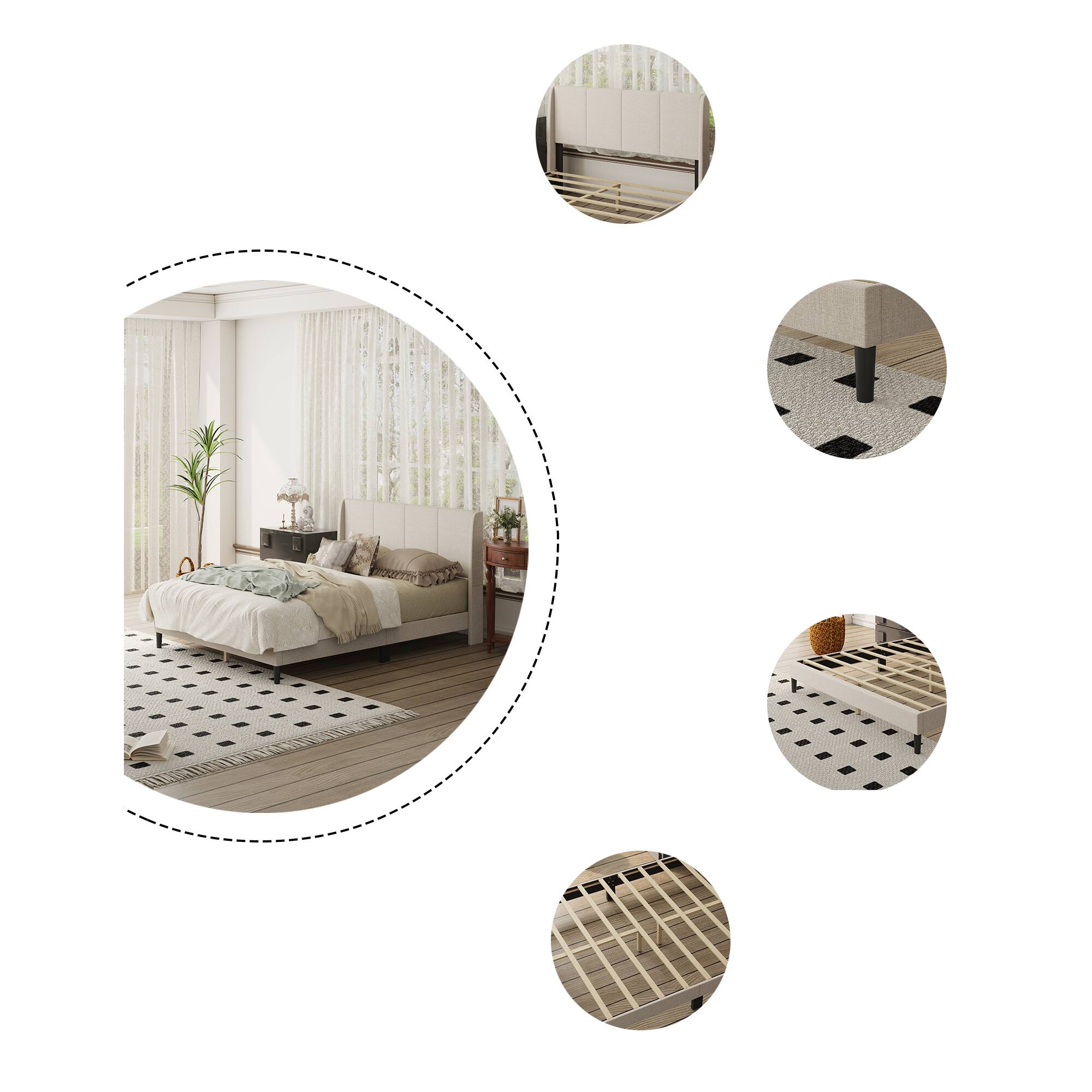 Alt View 10. Famapy - Famapy Upholstered Bed Frame: Plush Linen Headboard & Reinforced 10 - Slat Support - Off-White.