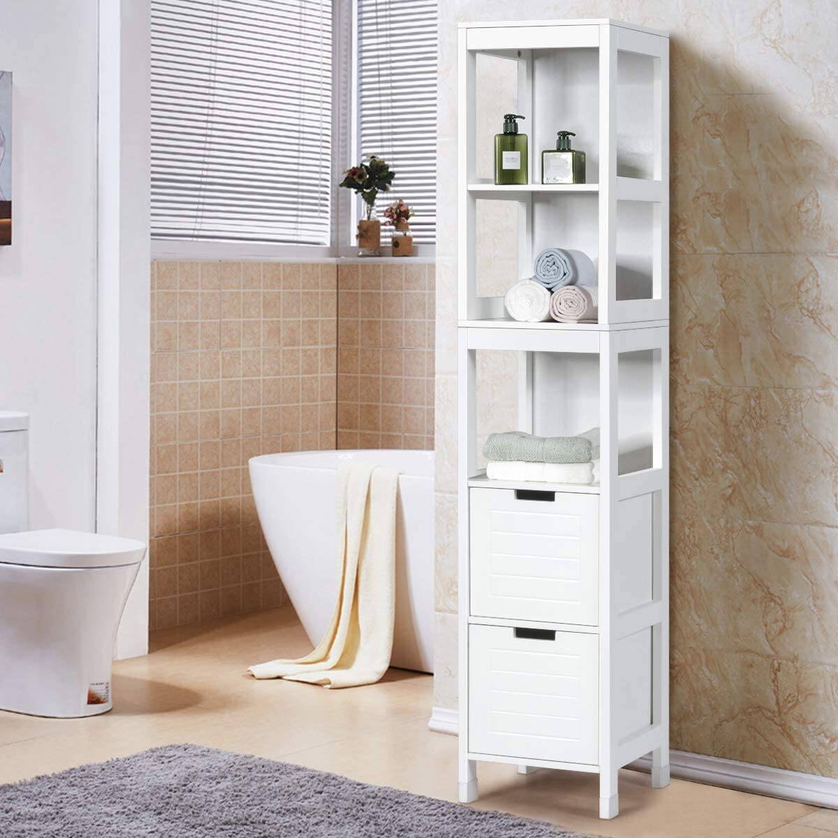 Angle. SlickBlue - White Wood Bathroom Cabinet Tower with 3 Shelves and 2 Storage Drawers - White.