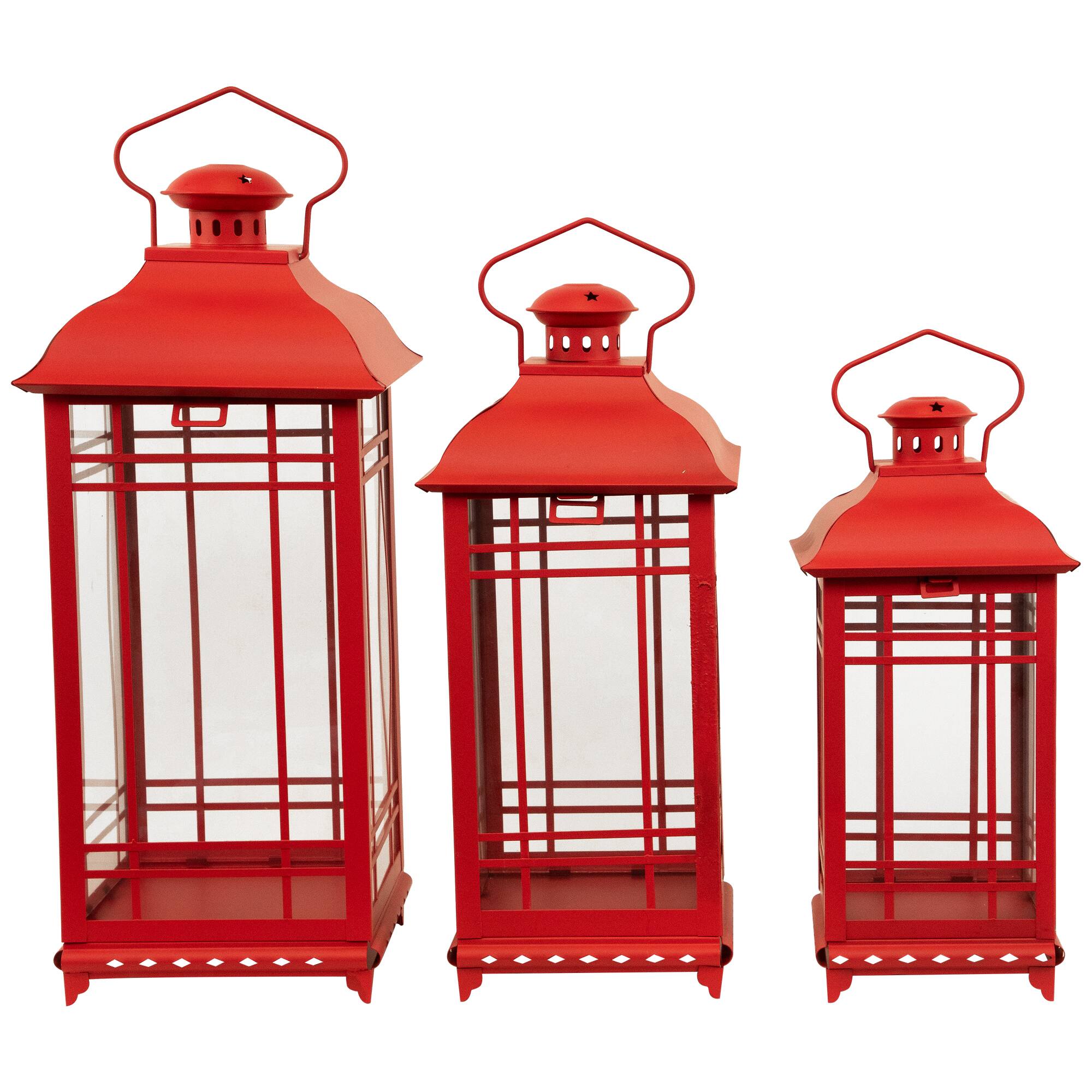 Alt View 3. Northlight - Mission Style Metal Candle Lanterns - 19.5" - Red - Set of 3 - Red.