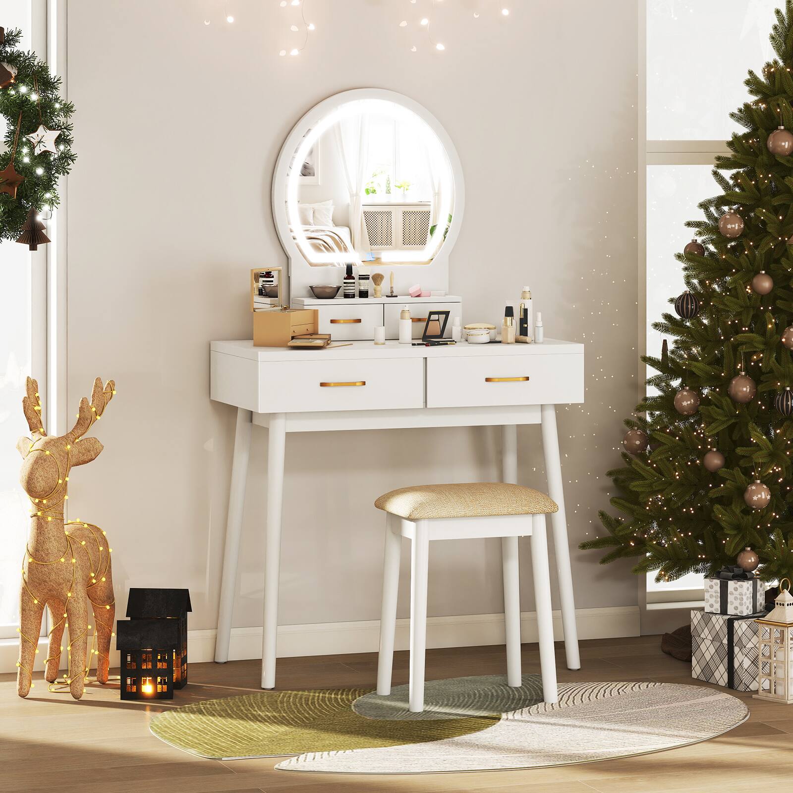 Alt View 1. Gymax - Gymax Small Vanity Desk w/Mirror & Lights Cushioned Stool 3 Adjustable Lighting Colors White - White.