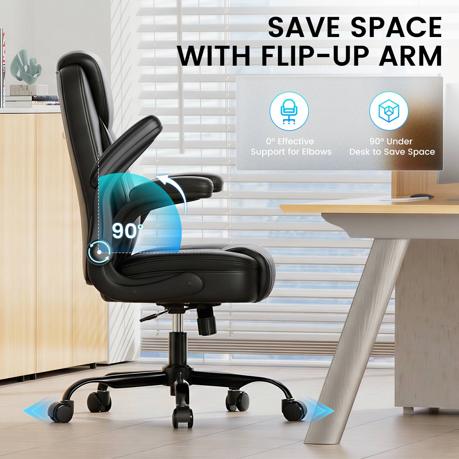 SAVE SPACE WITH FLIP-UP ARM  
0° Effective Support for Elbows  
90° Under Desk to Save Space