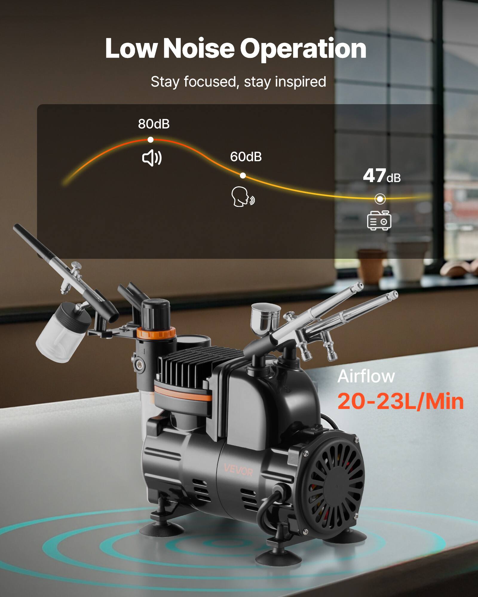 Low Noise Operation  
Stay focused, stay inspired  

80dB  
60dB  
47dB  

Airflow  
20-23L/Min  

VEVOR