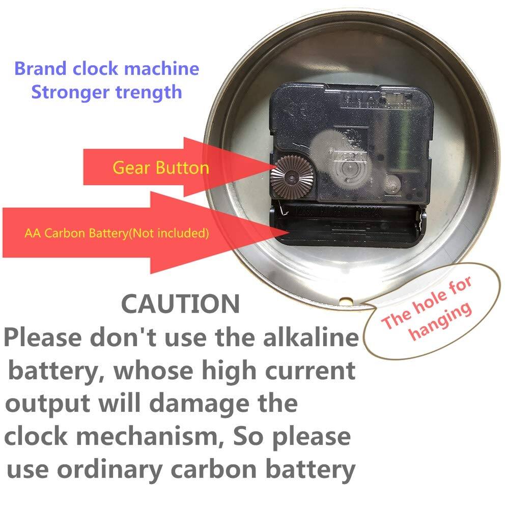 Brand clock machine  
Stronger strength  

Gear Button  

AA Carbon Battery (Not included)  

CAUTION  
Please don't use the alkaline battery, whose high current output will damage the clock mechanism. So please use ordinary carbon battery  

The hole for hanging