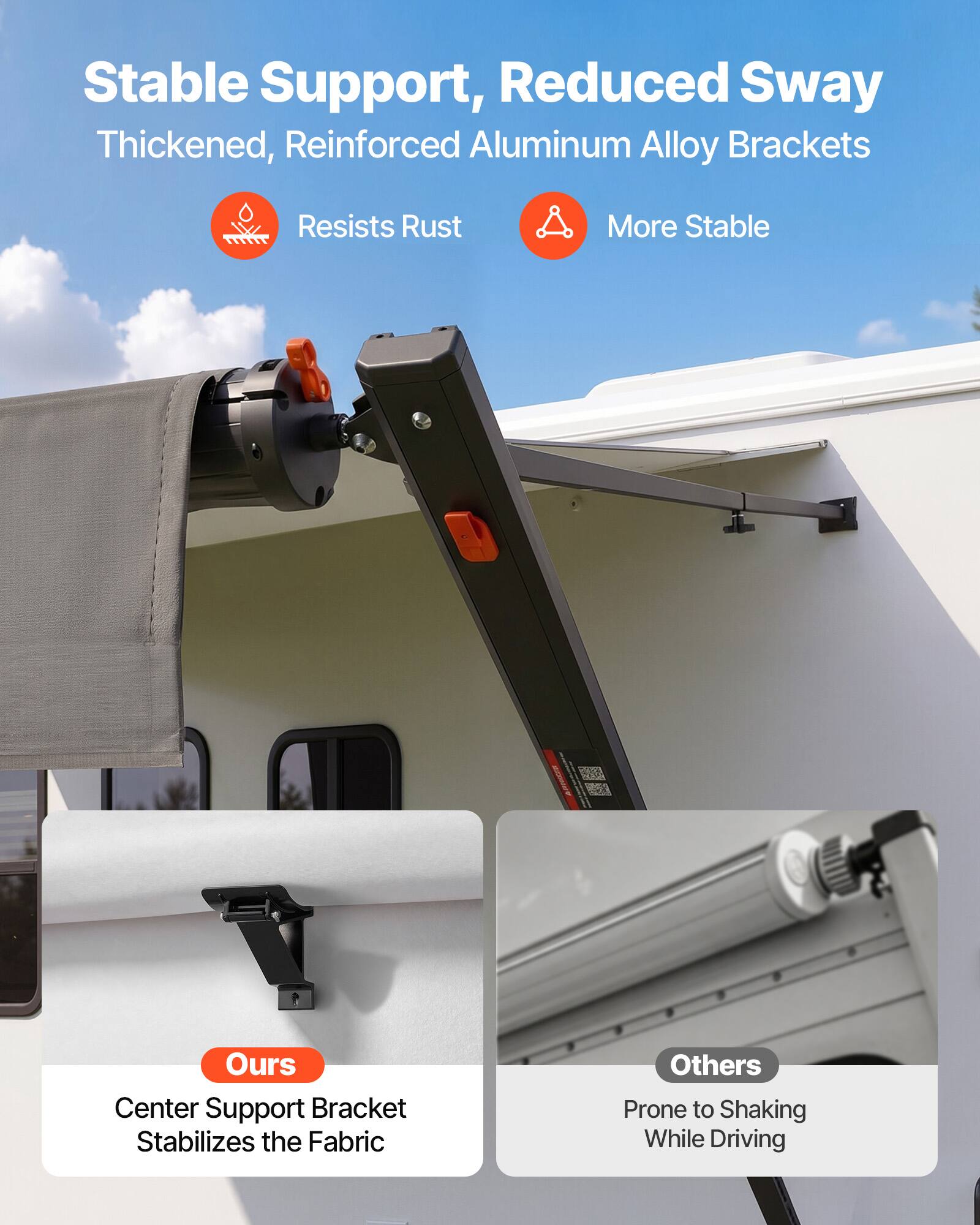 Stable Support, Reduced Sway  
Thickened, Reinforced Aluminum Alloy Brackets  
Resists Rust  
More Stable  

Ours  
Center Support Bracket Stabilizes the Fabric  

Others  
Prone to Shaking While Driving