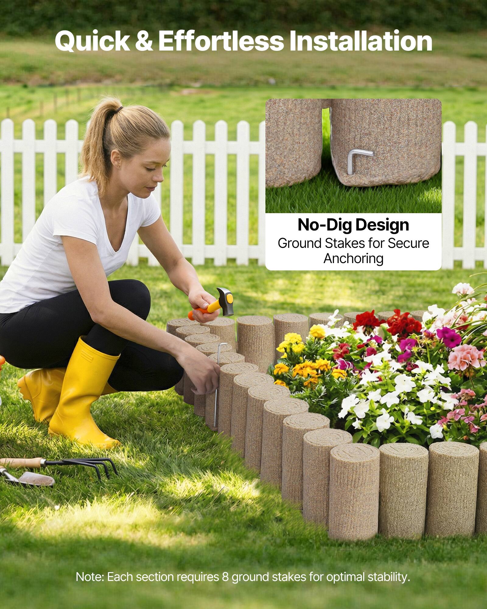 Quick & Effortless Installation

No-Dig Design  
Ground Stakes for Secure Anchoring

Note: Each section requires 8 ground stakes for optimal stability.