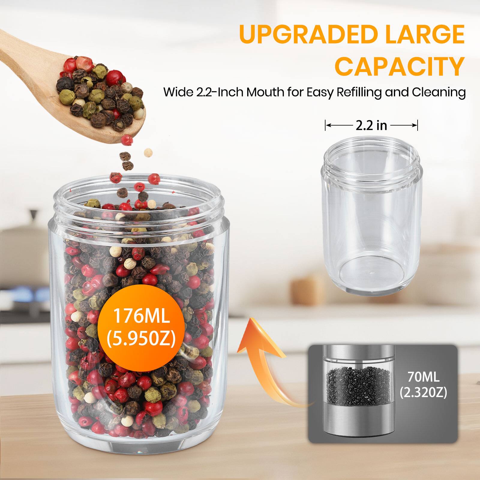 UPGRADED LARGE CAPACITY  
Wide 2.2-Inch Mouth for Easy Refilling and Cleaning  
176ML (5.950Z)  
70ML (2.320Z)