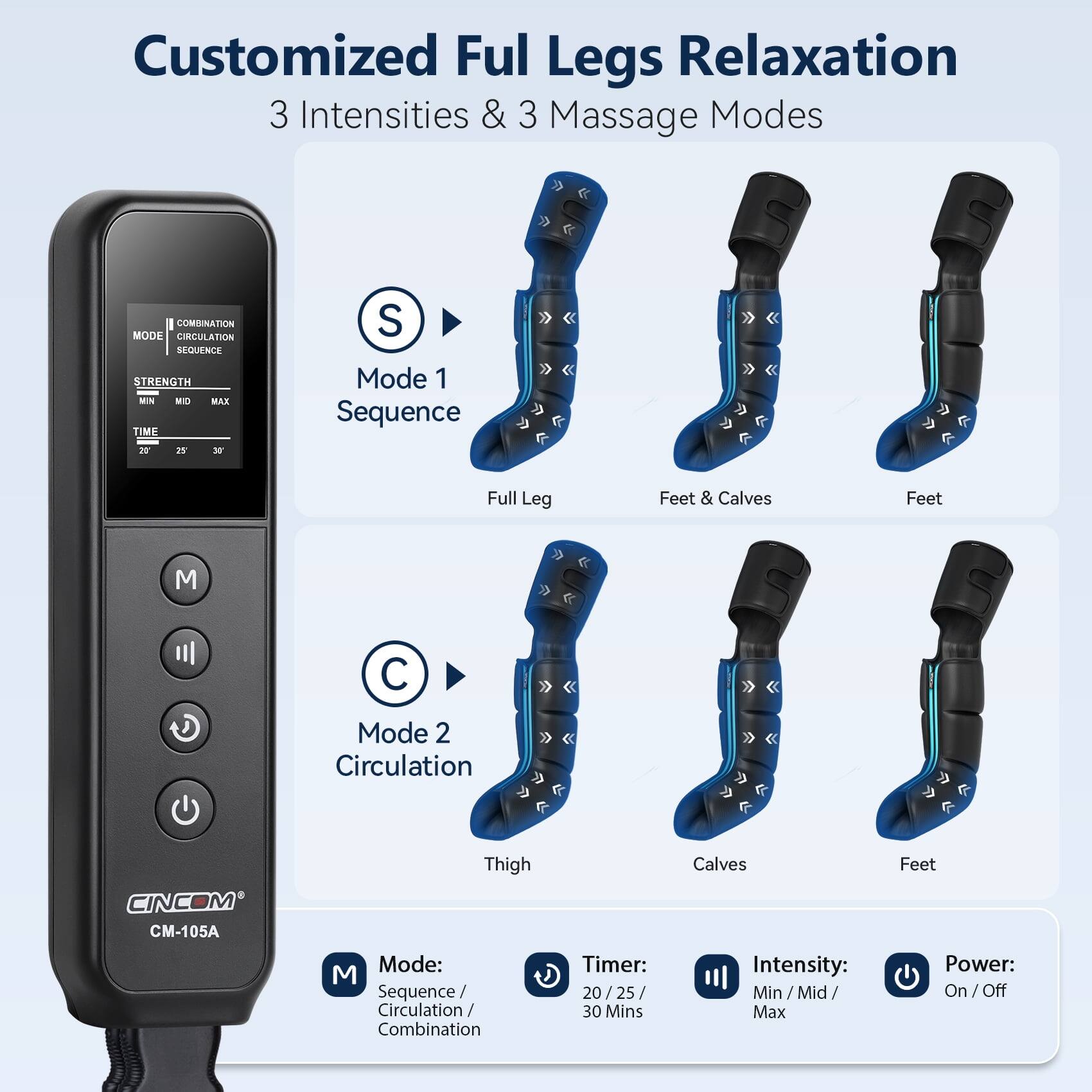 Customized Full Legs Relaxation  
3 Intensities & 3 Massage Modes

COMBINATION MODE CIRCULATION SEQUENCE STRENGTH MIN MID MAX TIME

Mode 1 Sequence  
20  
25  
x  
Full Leg  
Feet & Calves  
Feet  
M

Mode 2 Circulation  
CINCOM -105  
Thigh Mode: M Sequence/ Circulation/ Combination  
Timer: 20/25/ 30 Mins  
Calves Intensity: Min/ Max  
Feet Power: On/Off