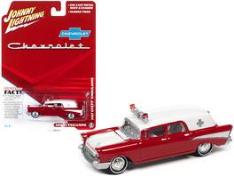 1957 Chevrolet Ambulance Kosmos with White Interior 1/64 Diecast Model Car by Johnny Lightning - Red And White